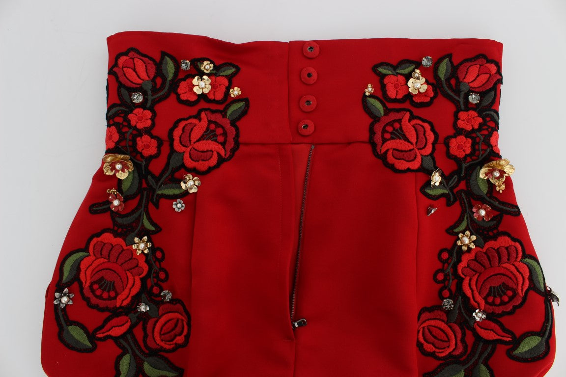 Dolce &amp; Gabbana Rote Mini-Shorts aus Seide mit Kristallverzierung