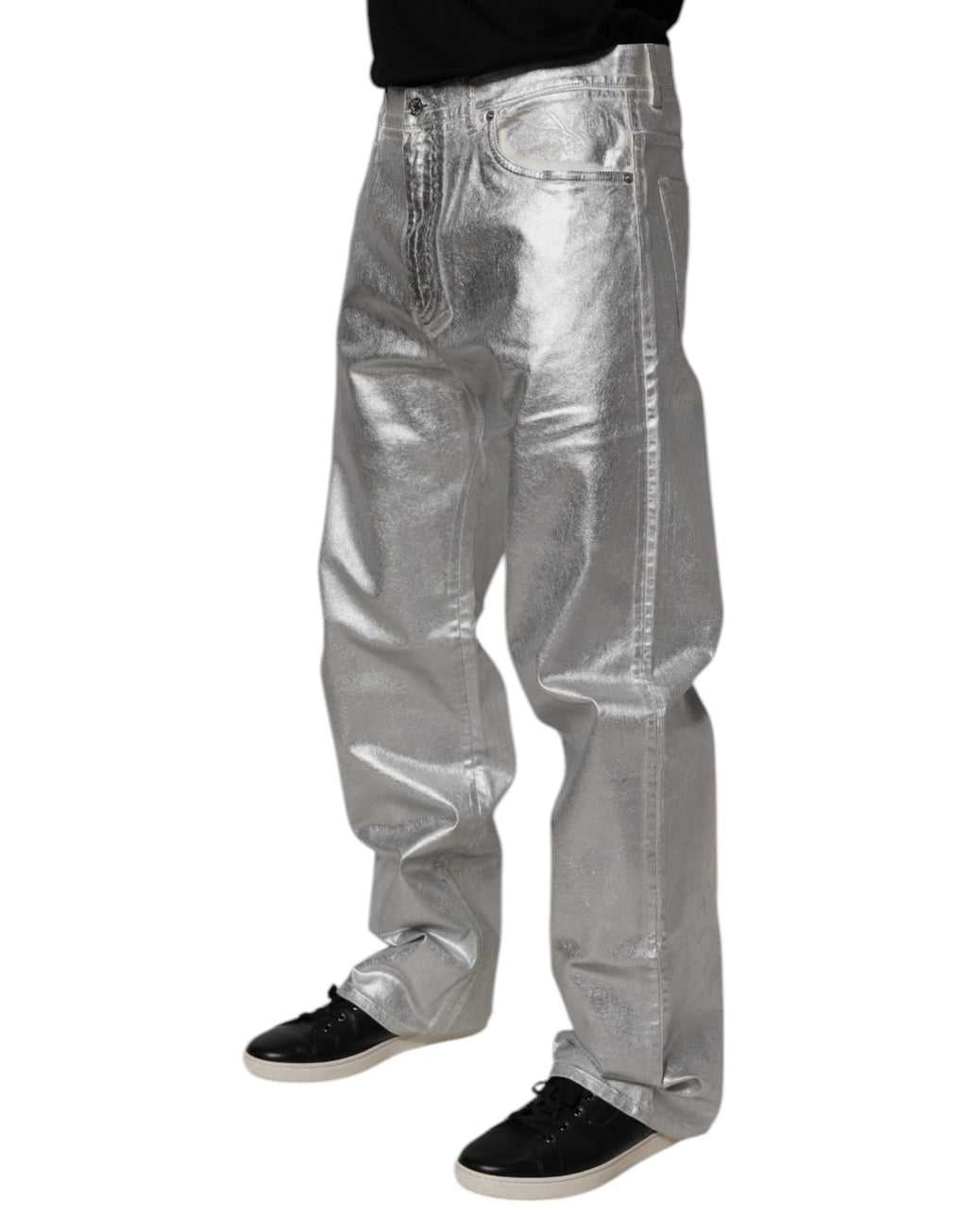 Dolce &amp; Gabbana – Gerade geschnittene Jeans aus Baumwolle in Metallic-Silber