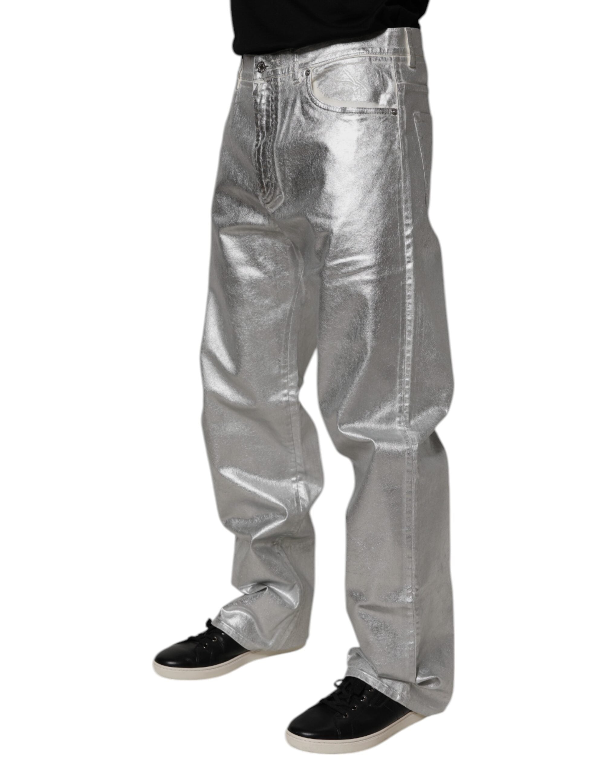 Dolce &amp; Gabbana – Gerade geschnittene Jeans aus Baumwolle in Metallic-Silber
