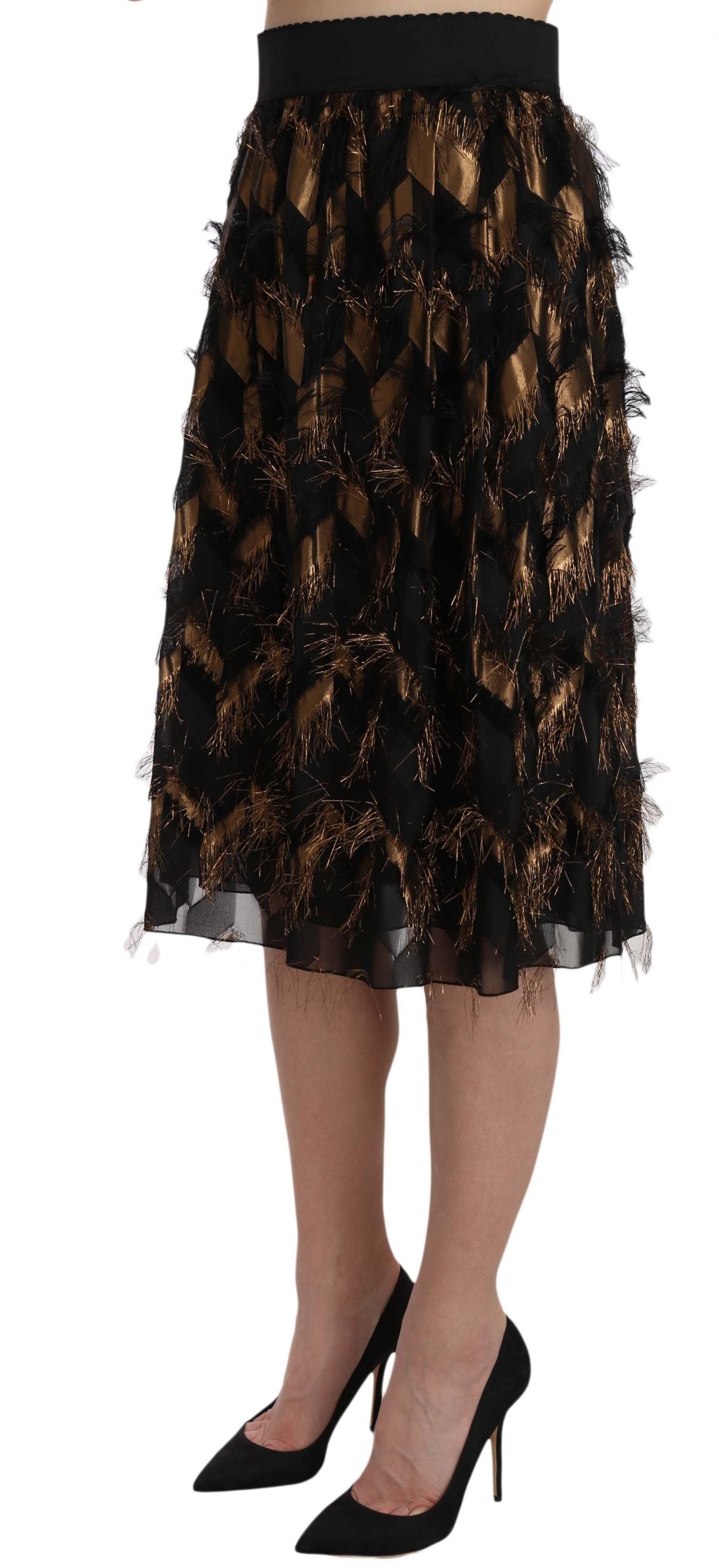 Dolce &amp; Gabbana Eleganter hoch taillierter Rock aus einer Seidenmischung in Gold und Schwarz