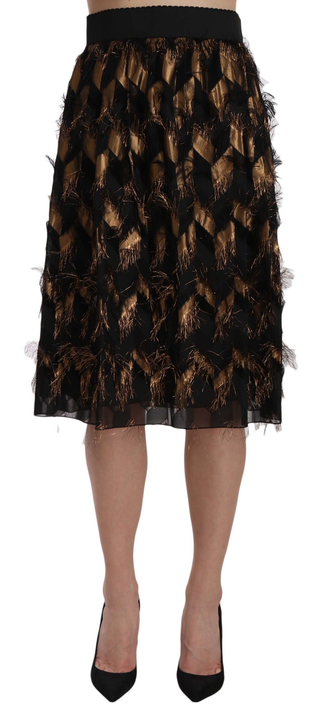 Dolce &amp; Gabbana Eleganter hoch taillierter Rock aus einer Seidenmischung in Gold und Schwarz