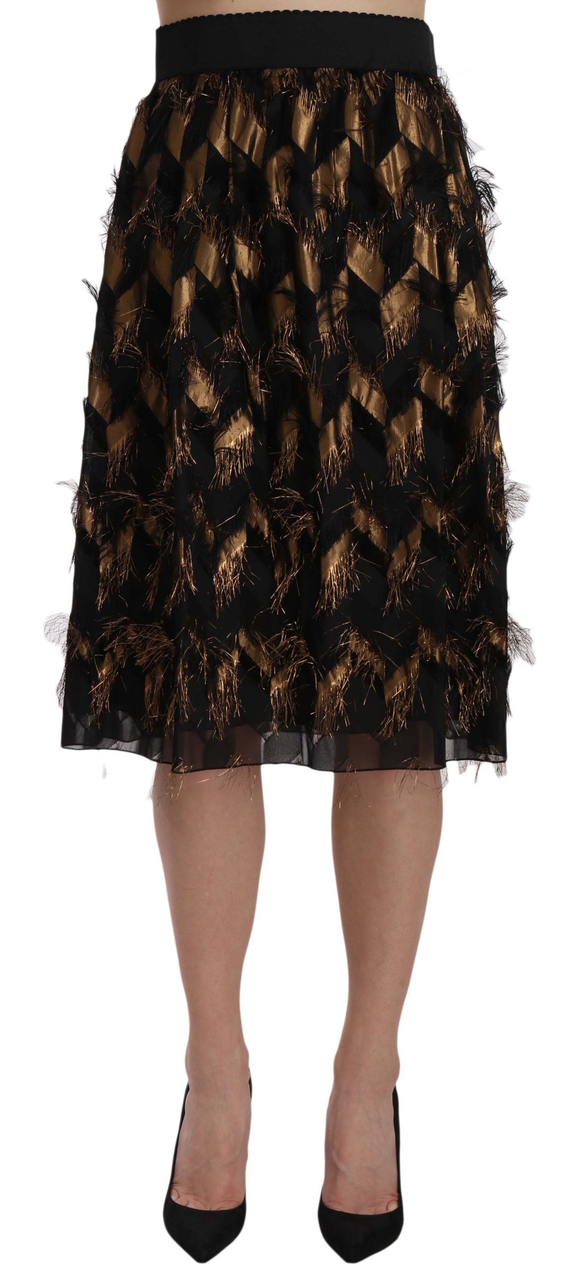 Dolce &amp; Gabbana Eleganter hoch taillierter Rock aus einer Seidenmischung in Gold und Schwarz