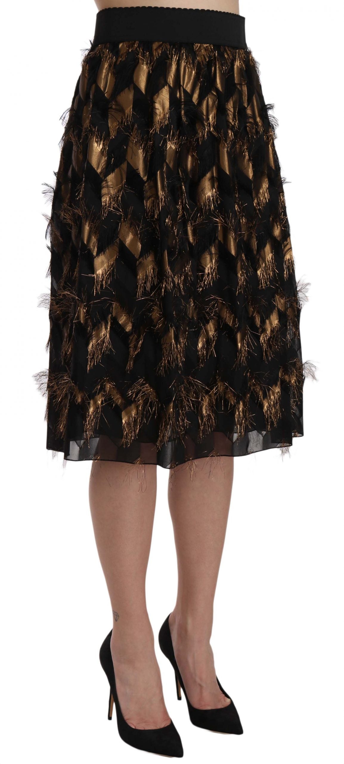 Dolce &amp; Gabbana Eleganter hoch taillierter Rock aus einer Seidenmischung in Gold und Schwarz