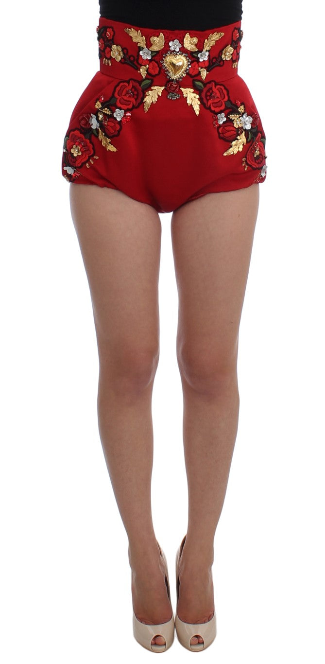 Dolce &amp; Gabbana Rote Shorts mit hoher Taille aus Seide mit Kristallverzierung