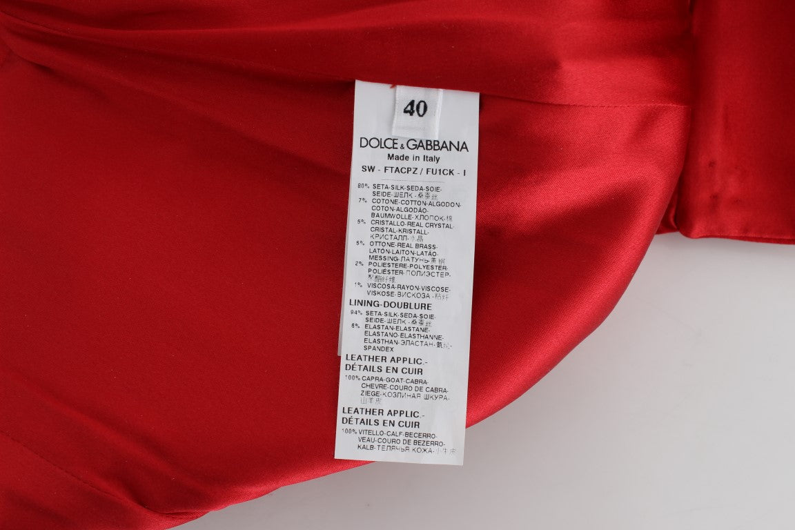 Dolce &amp; Gabbana Rote Shorts mit hoher Taille aus Seide mit Kristallverzierung