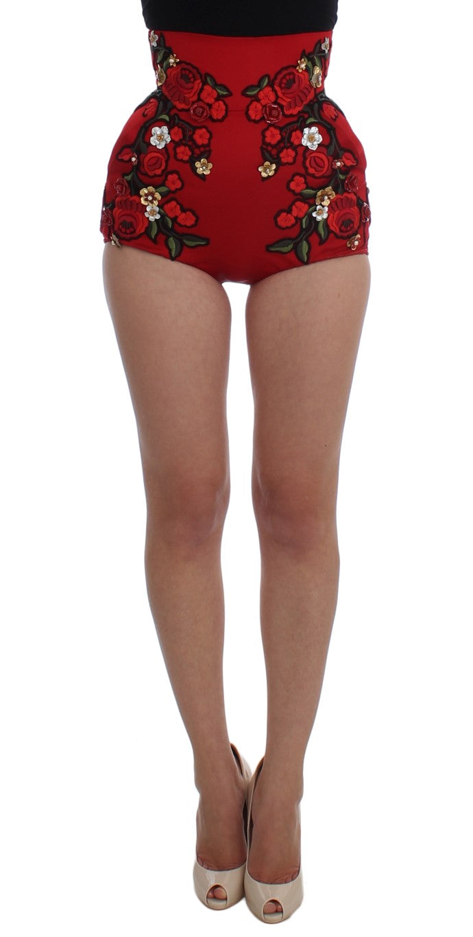 Dolce &amp; Gabbana Glamorous – Shorts aus roter Seide mit Blumenstickerei