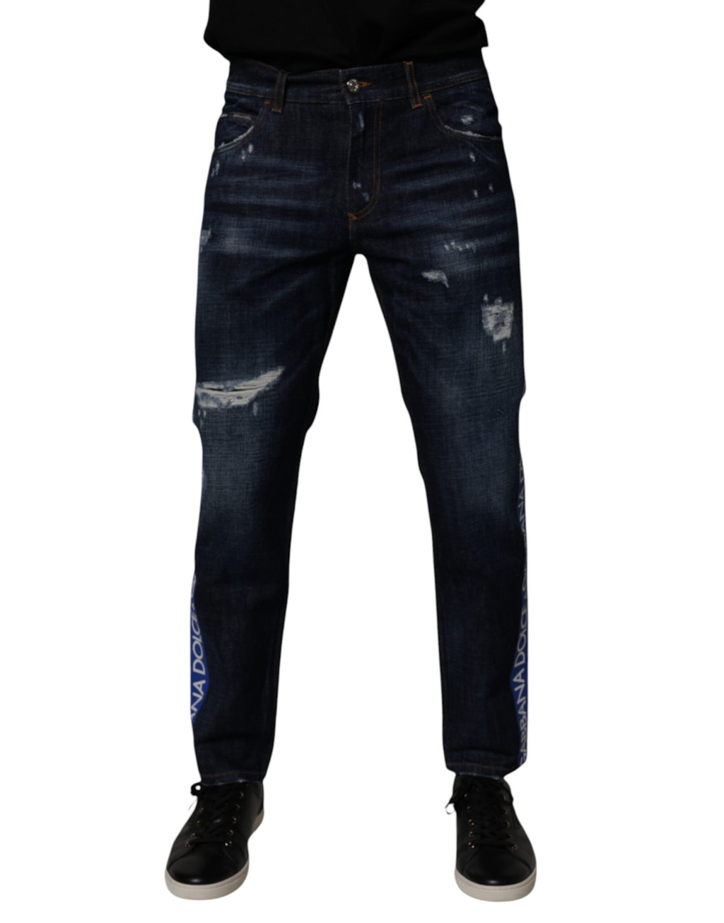 Dolce & Gabbana Dark Blue Cotton Tattered Skinny Denim Jeans