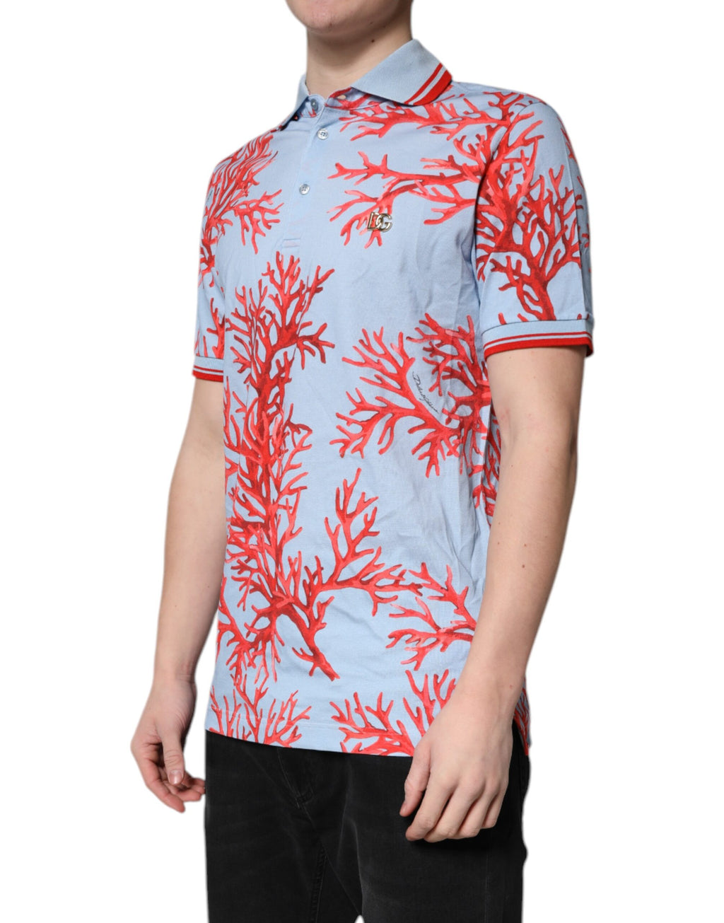 Dolce &amp; Gabbana – Poloshirt aus Baumwolle in Hellblau und Korallenrot