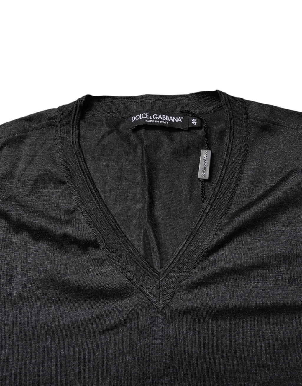 Dolce &amp; Gabbana Dunkelgraues Seiden-T-Shirt mit V-Ausschnitt und kurzen Ärmeln