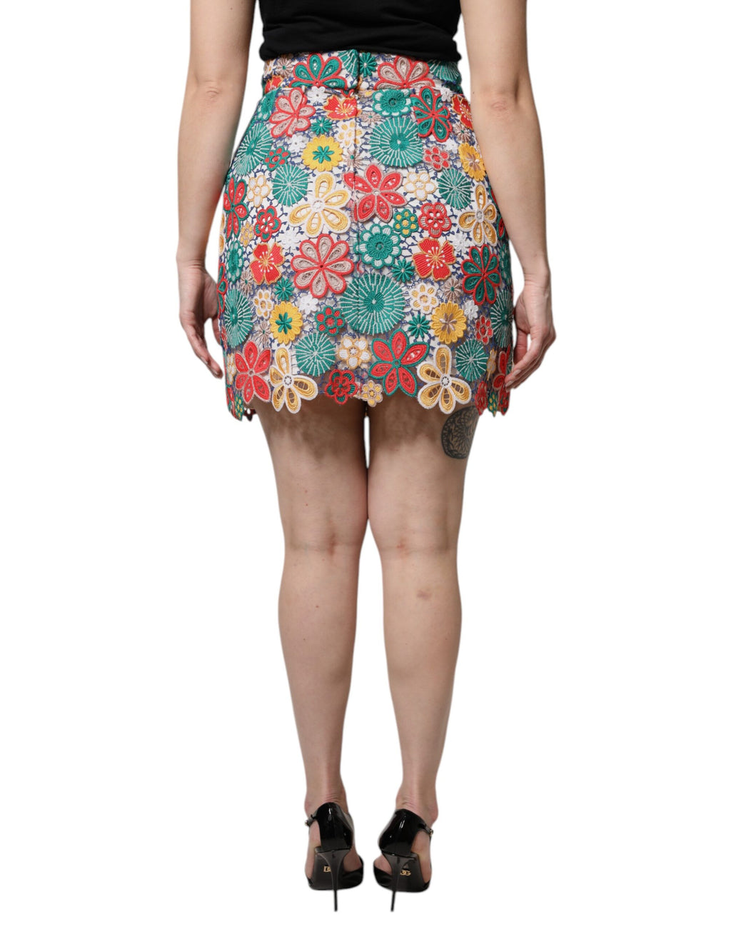 Dolce &amp; Gabbana Mehrfarbiger Minirock mit hoher Taille und Blumenspitze