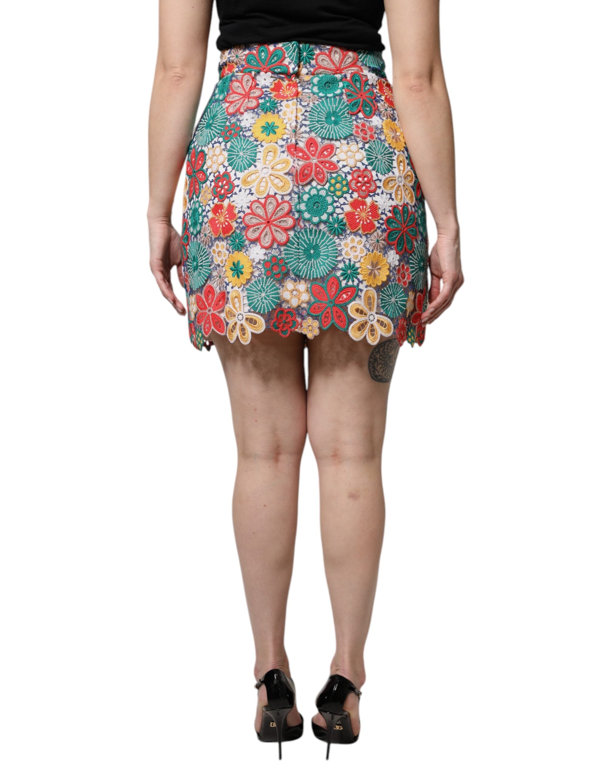 Dolce &amp; Gabbana Mehrfarbiger Minirock mit hoher Taille und Blumenspitze