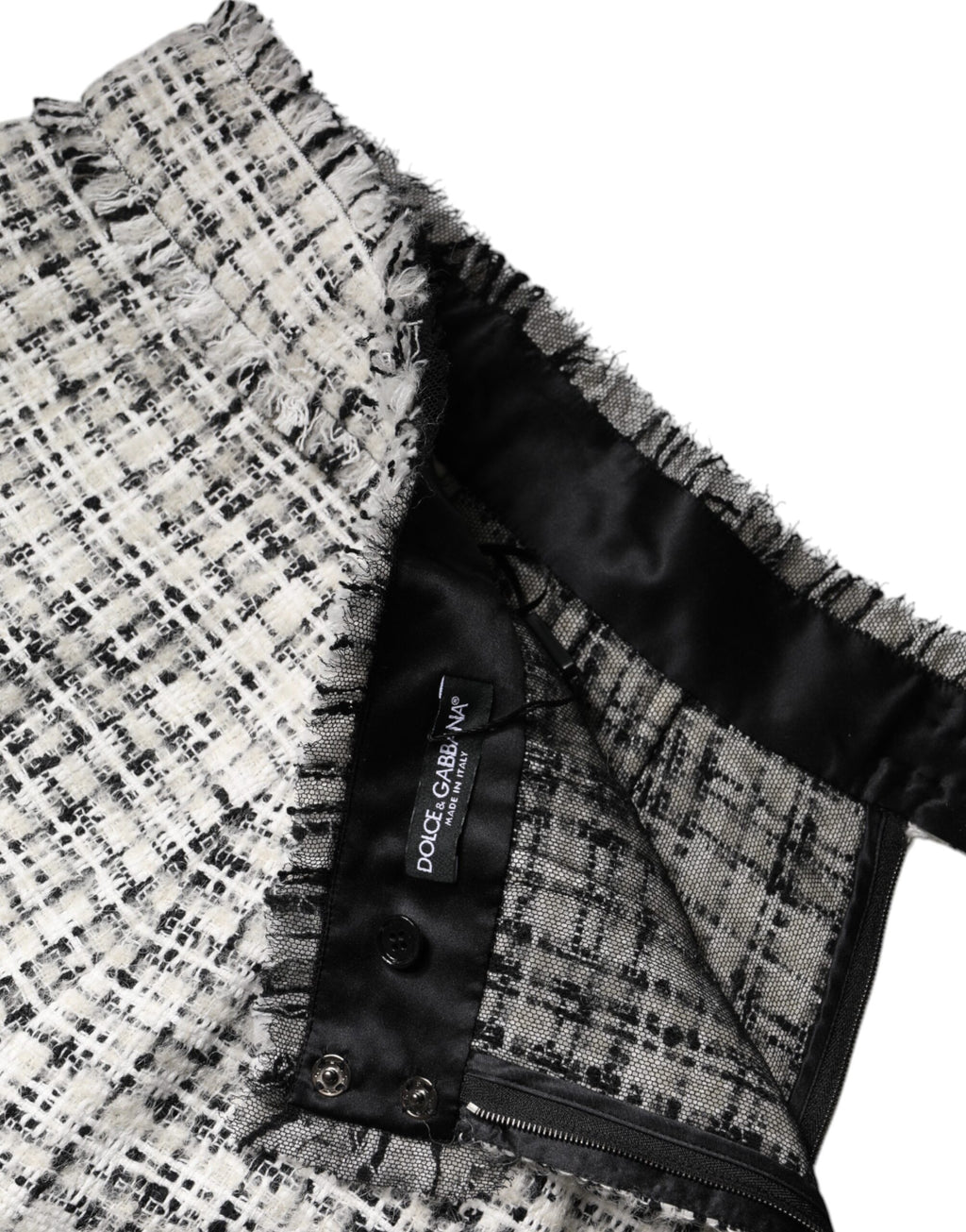 Dolce &amp; Gabbana – Weiß-schwarzer Minirock aus Tweed mit hoher Taille und Schottenkaro