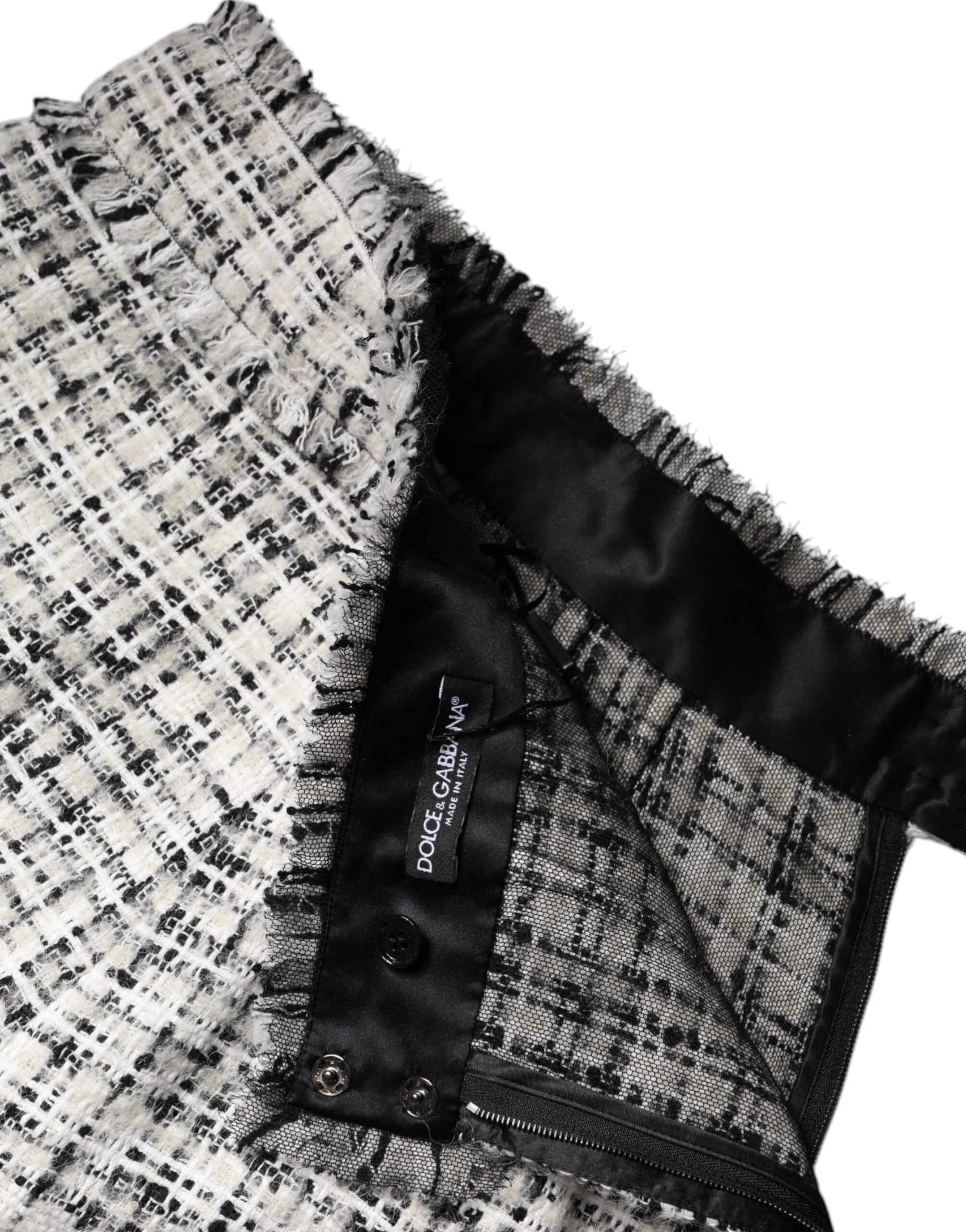 Dolce &amp; Gabbana – Weiß-schwarzer Minirock aus Tweed mit hoher Taille und Schottenkaro
