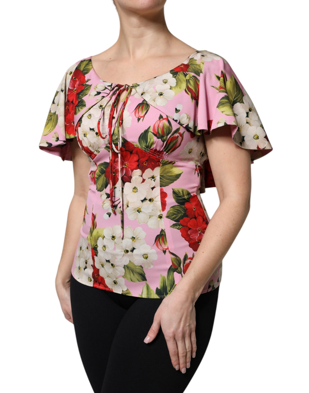 Dolce &amp; Gabbana – Kurzärmliges Blusentop aus Seide mit Blumenmuster in Rosa