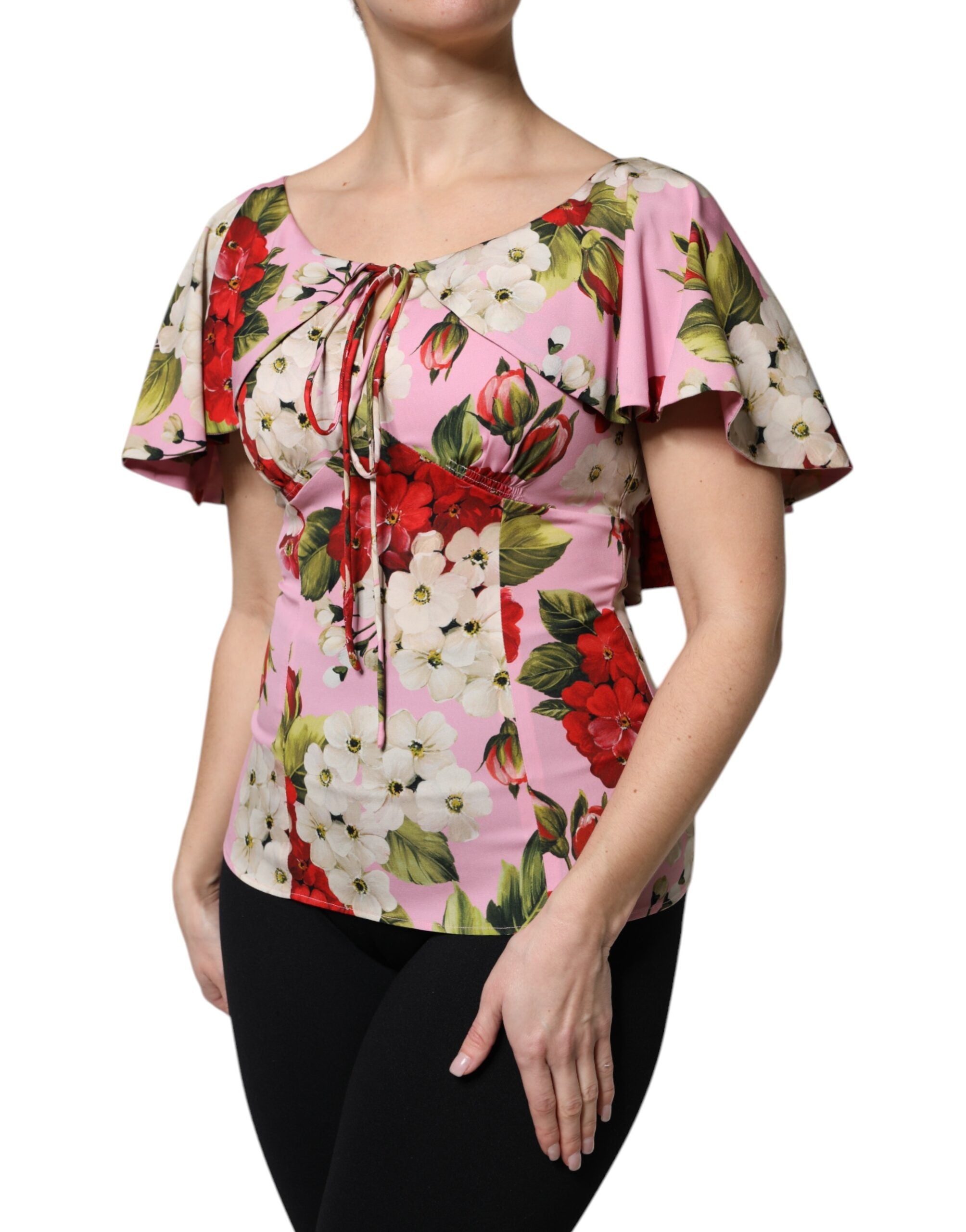 Dolce &amp; Gabbana – Kurzärmliges Blusentop aus Seide mit Blumenmuster in Rosa