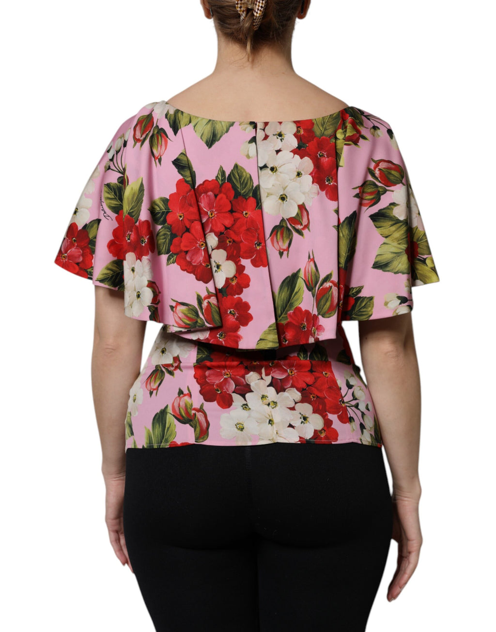 Dolce &amp; Gabbana – Kurzärmliges Blusentop aus Seide mit Blumenmuster in Rosa
