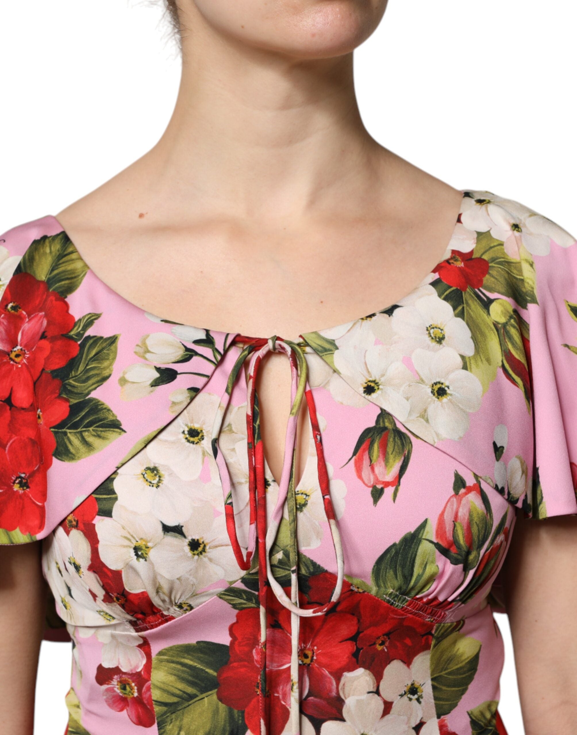 Dolce &amp; Gabbana – Kurzärmliges Blusentop aus Seide mit Blumenmuster in Rosa