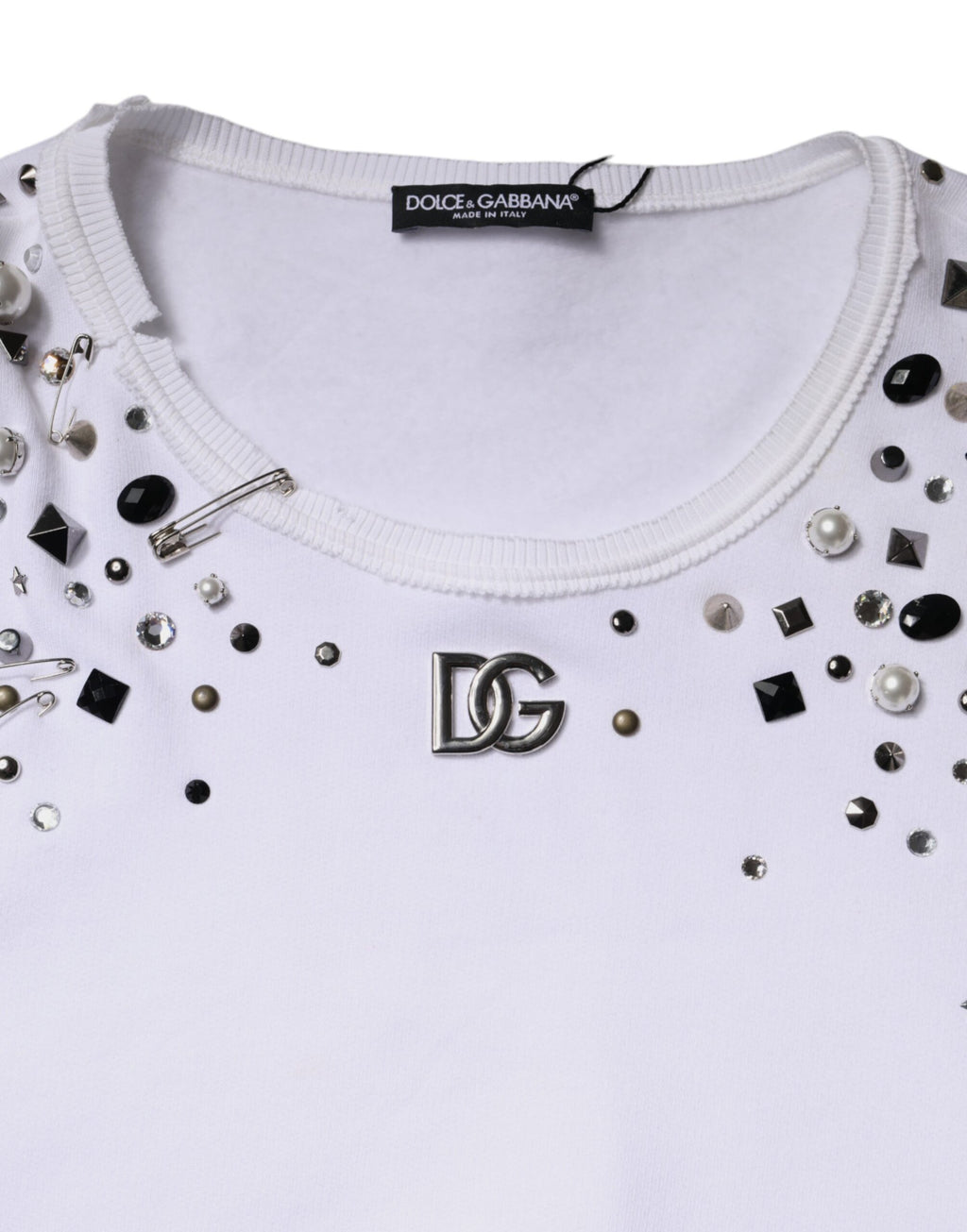 Dolce & Gabbana White Embellished Long Sleeve Cropped Sweater