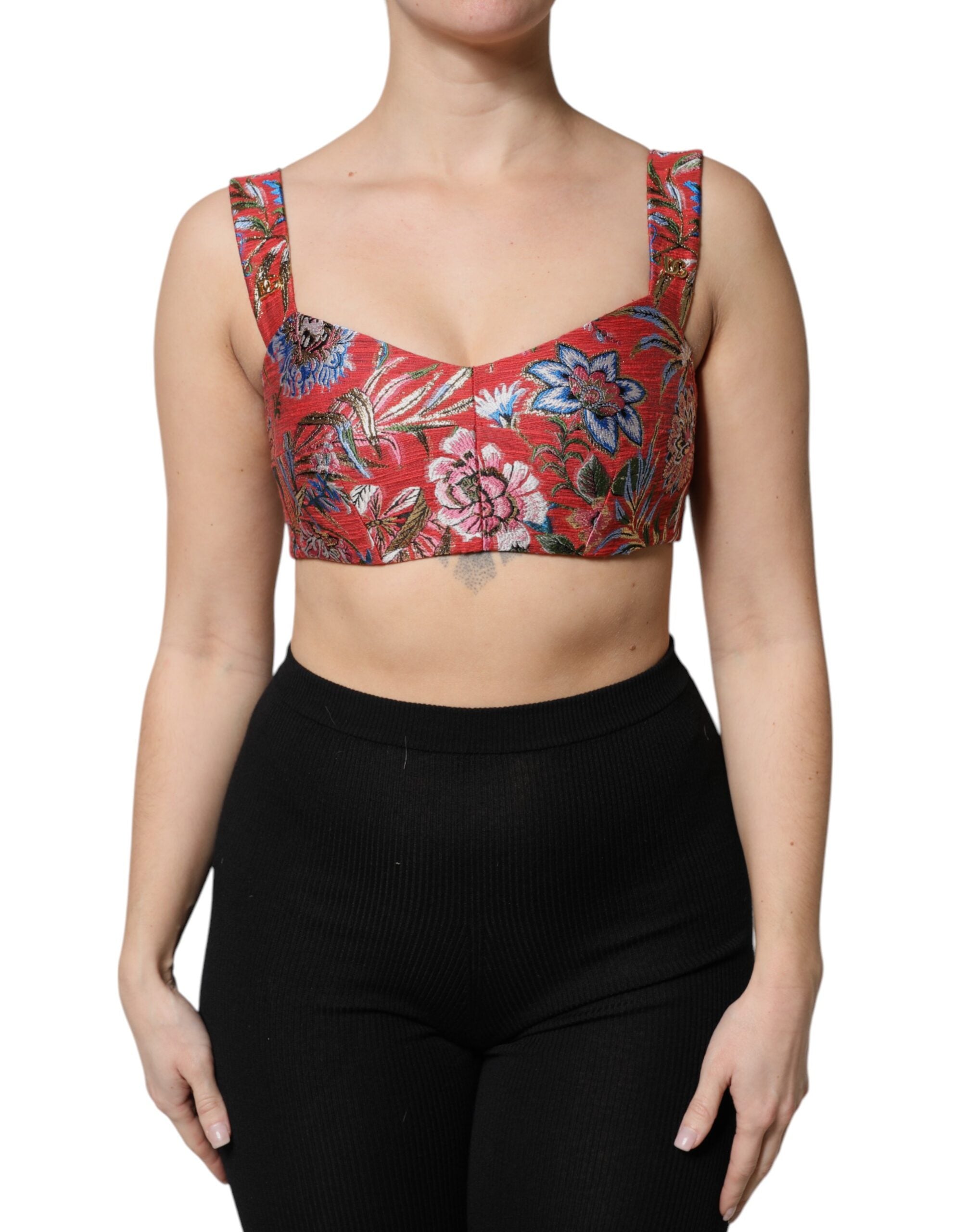 Dolce &amp; Gabbana – Kurzes Bustier-Korsett-Oberteil aus rotem Brokat mit Blumenmuster