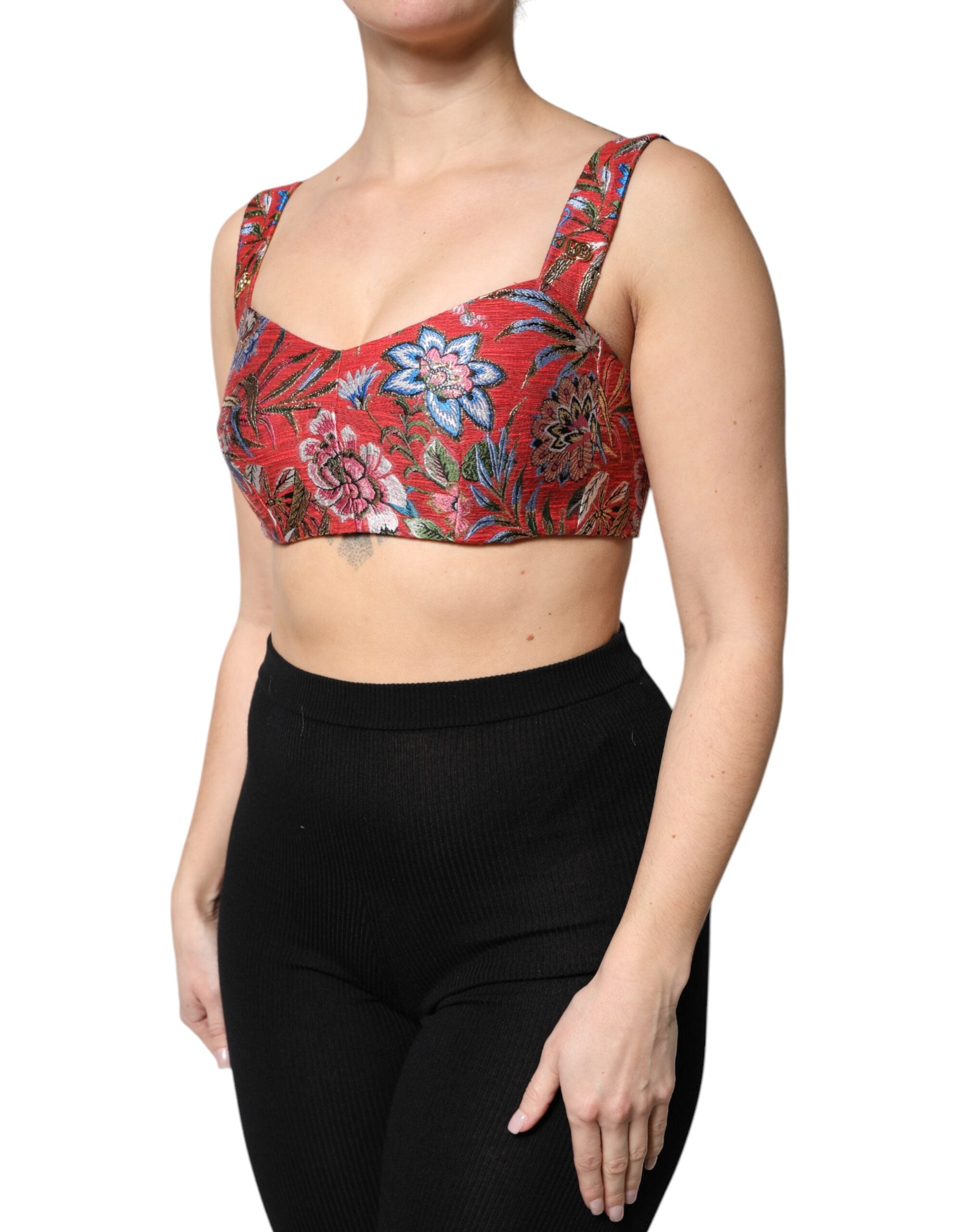 Dolce &amp; Gabbana – Kurzes Bustier-Korsett-Oberteil aus rotem Brokat mit Blumenmuster