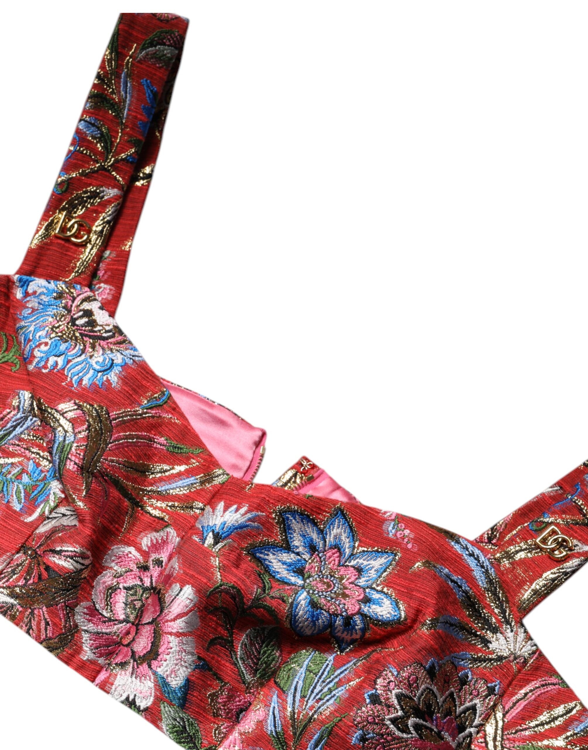 Dolce &amp; Gabbana – Kurzes Bustier-Korsett-Oberteil aus rotem Brokat mit Blumenmuster