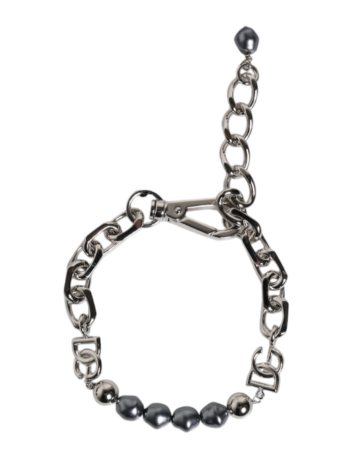 Dolce &amp; Gabbana Silberfarbenes Kettenarmband mit Karabinerverschluss und grauen Perlen
