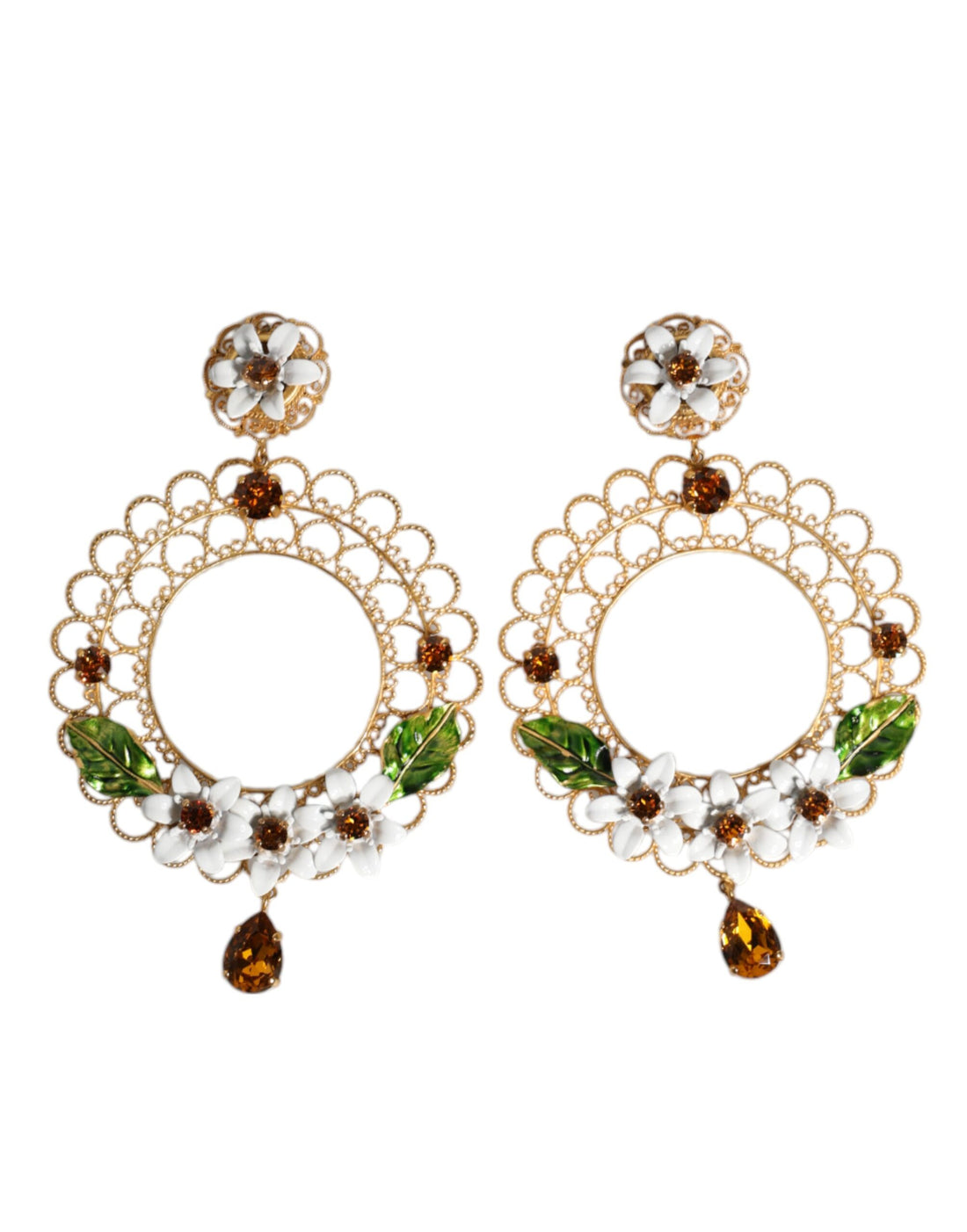 Dolce &amp; Gabbana – Creolen mit floralem Filigranmuster und Emaille sowie Bernsteinkristallen