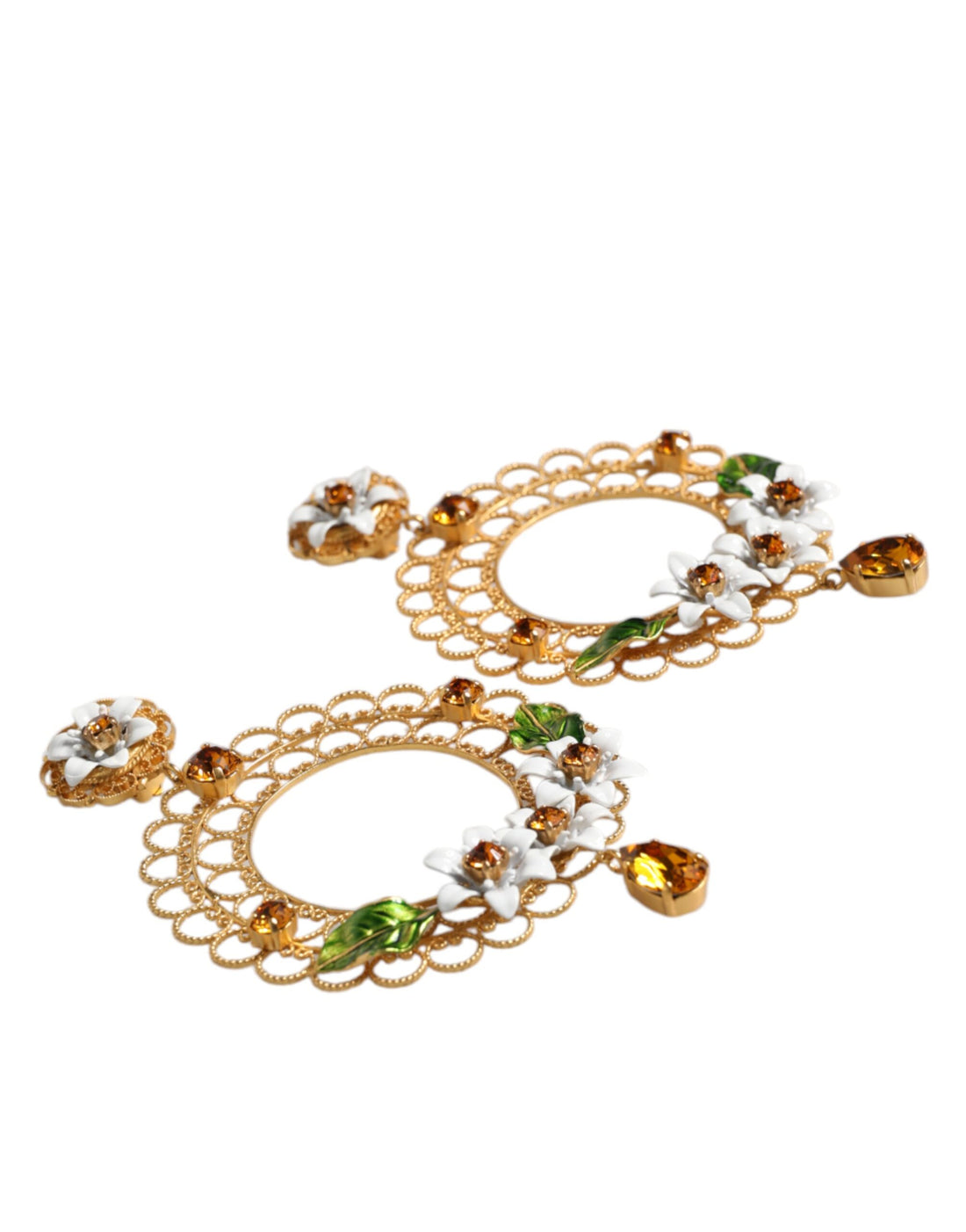 Dolce &amp; Gabbana – Creolen mit floralem Filigranmuster und Emaille sowie Bernsteinkristallen