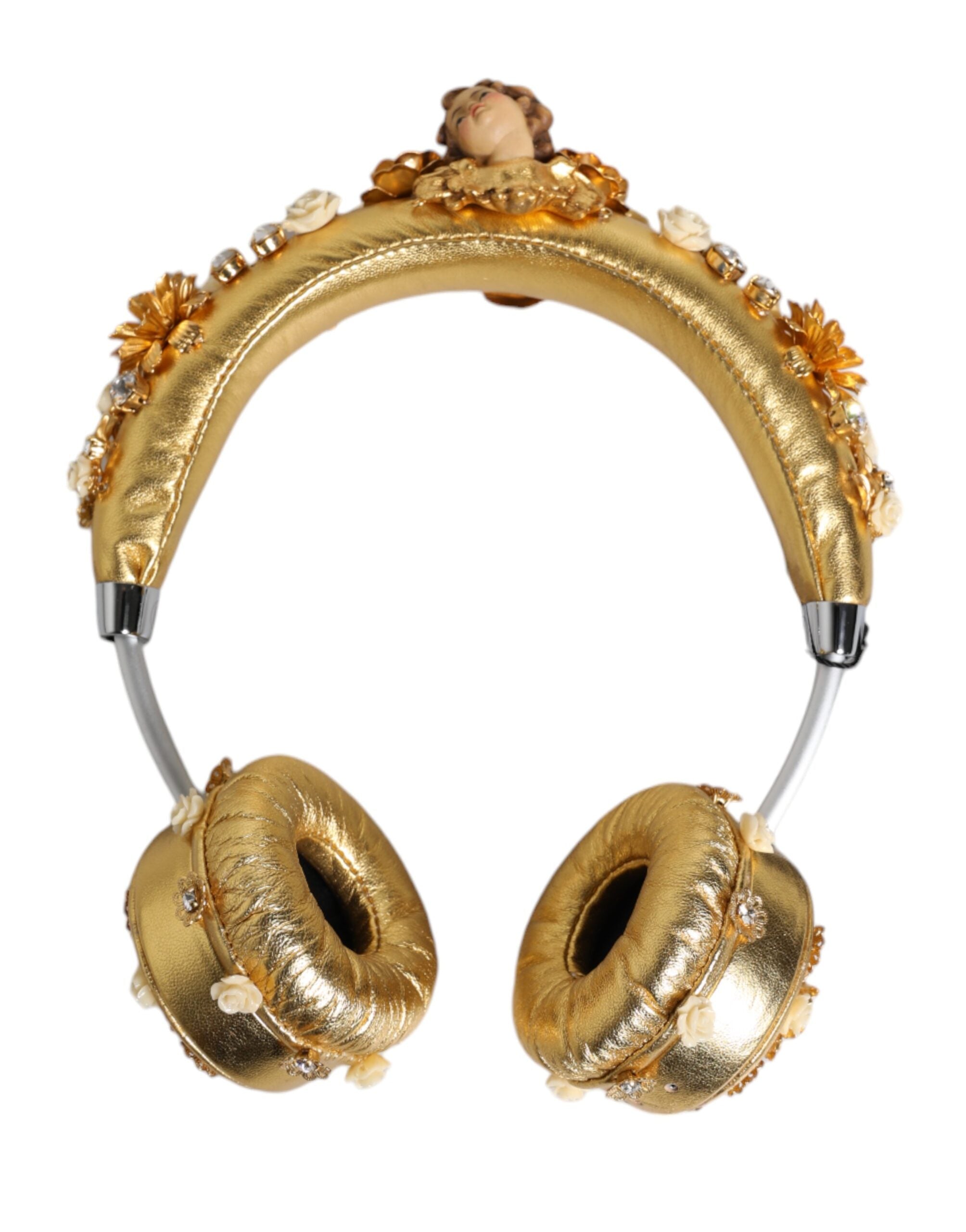 Dolce &amp; Gabbana – Kopfhörer „Engel“ aus goldenem Leder mit Blumenmuster und Kristallen