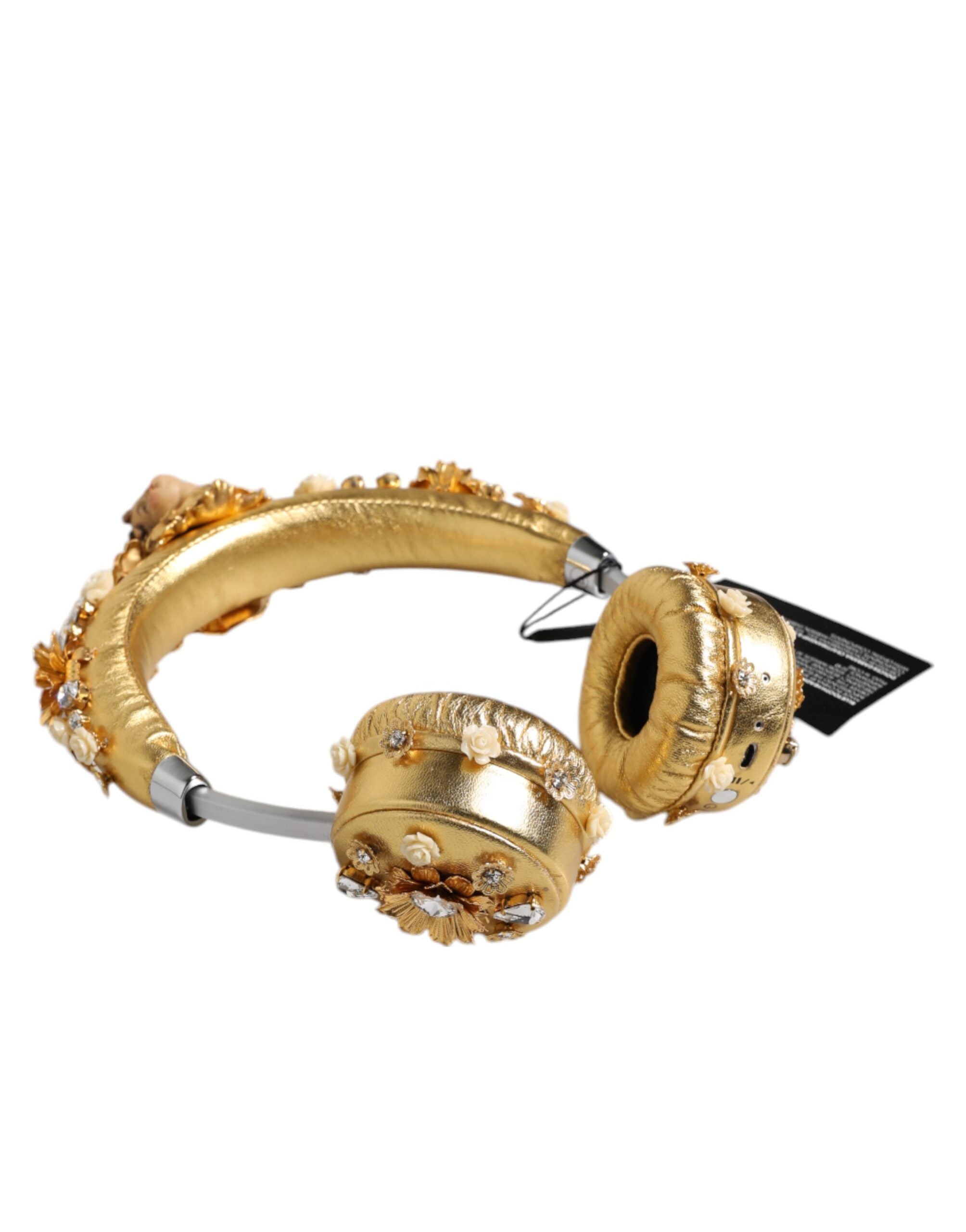 Dolce &amp; Gabbana – Kopfhörer „Engel“ aus goldenem Leder mit Blumenmuster und Kristallen