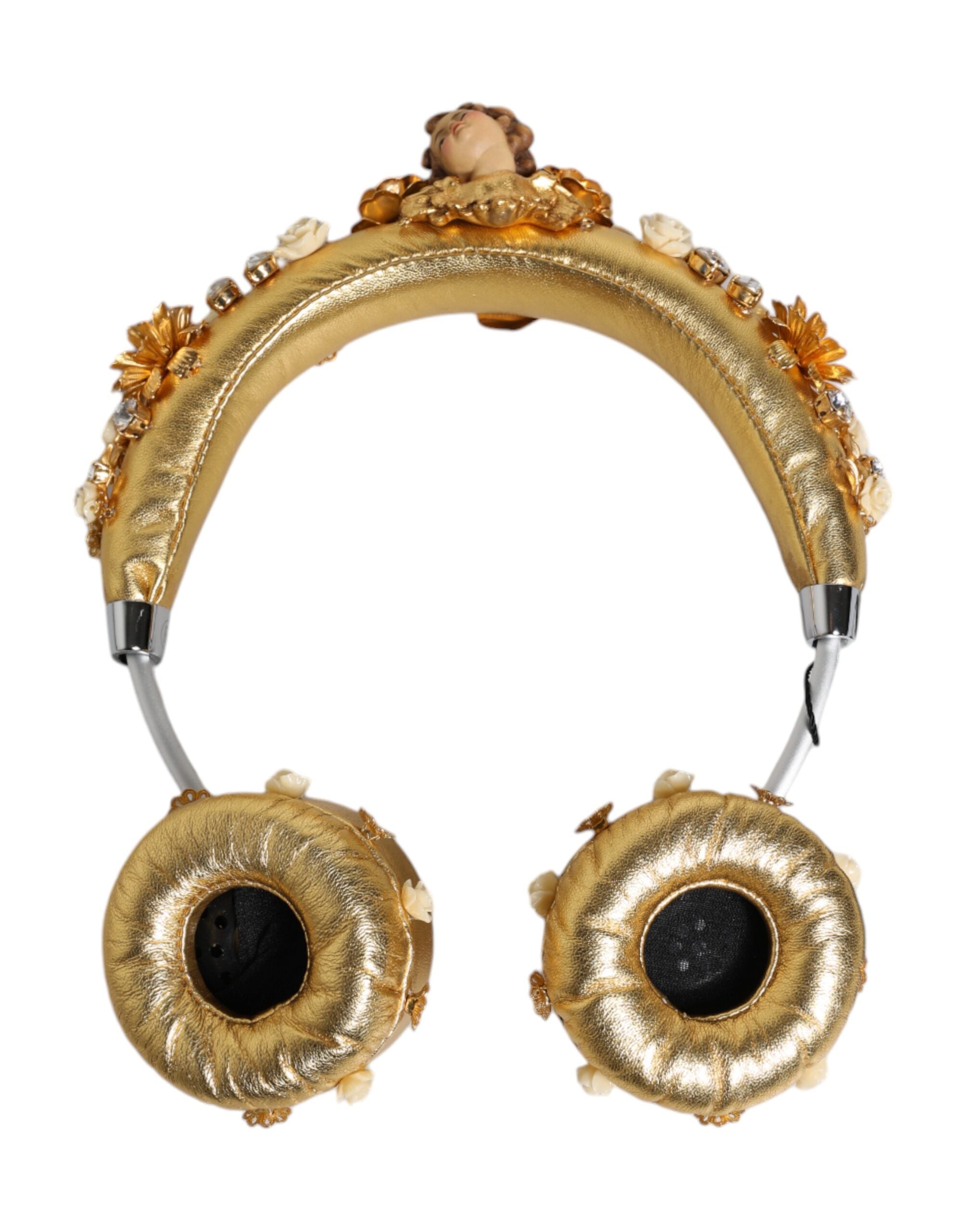 Dolce &amp; Gabbana – Kopfhörer „Engel“ aus goldenem Leder mit Blumenmuster und Kristallen