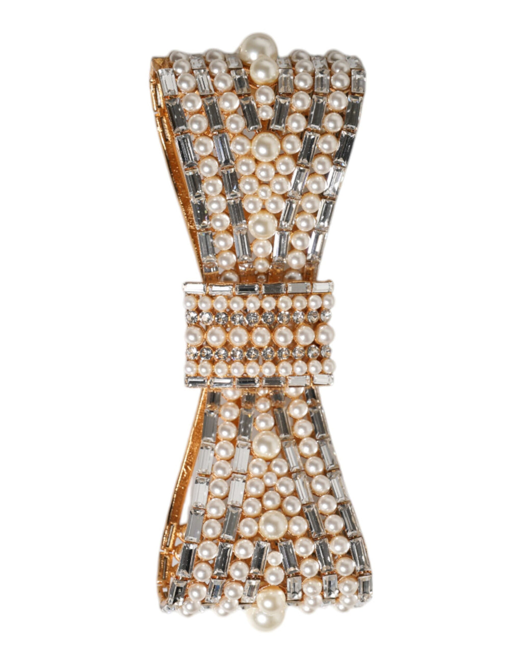 Dolce &amp; Gabbana Brosche aus goldfarbenem Messing mit Schleife und Kristall-Kunstperlen