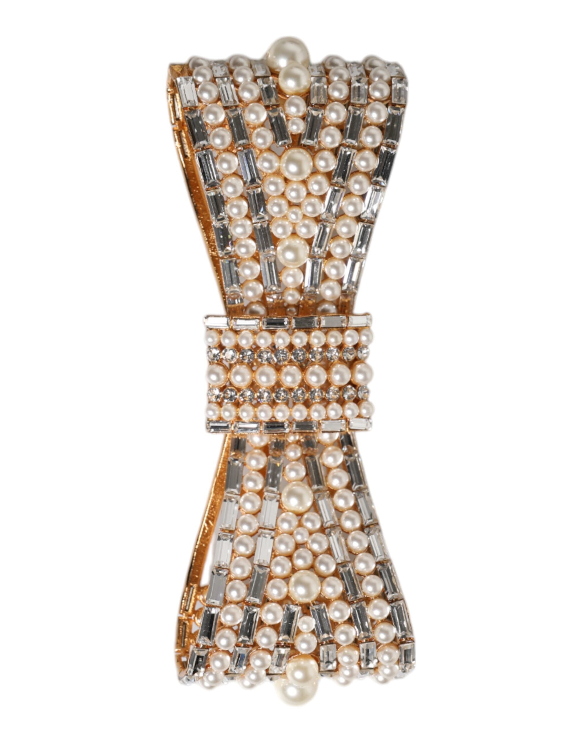 Dolce &amp; Gabbana Brosche aus goldfarbenem Messing mit Schleife und Kristall-Kunstperlen