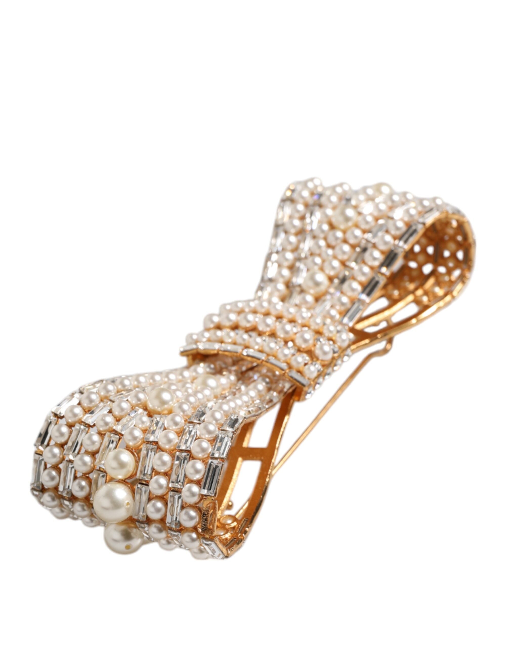 Dolce &amp; Gabbana Brosche aus goldfarbenem Messing mit Schleife und Kristall-Kunstperlen