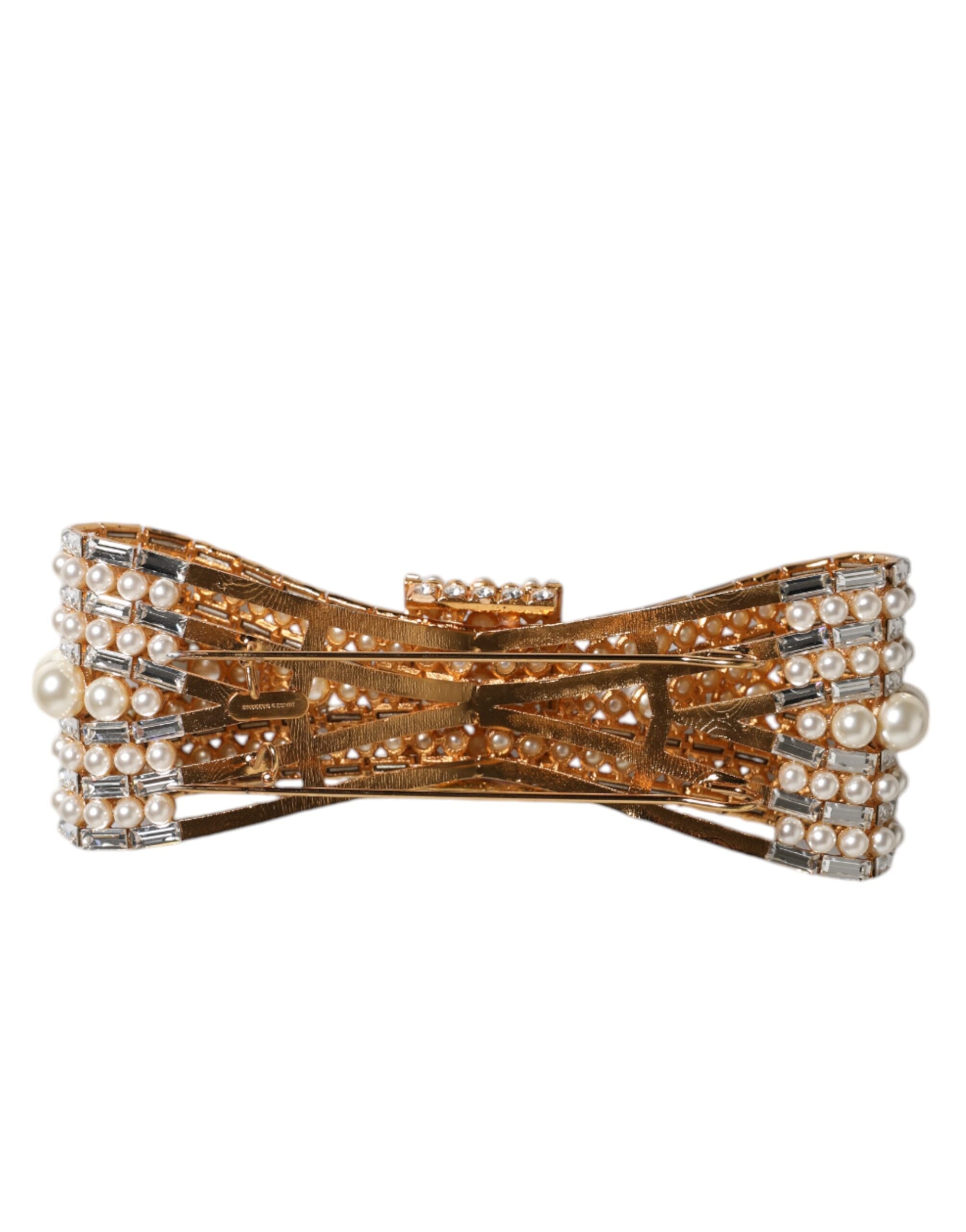 Dolce &amp; Gabbana Brosche aus goldfarbenem Messing mit Schleife und Kristall-Kunstperlen