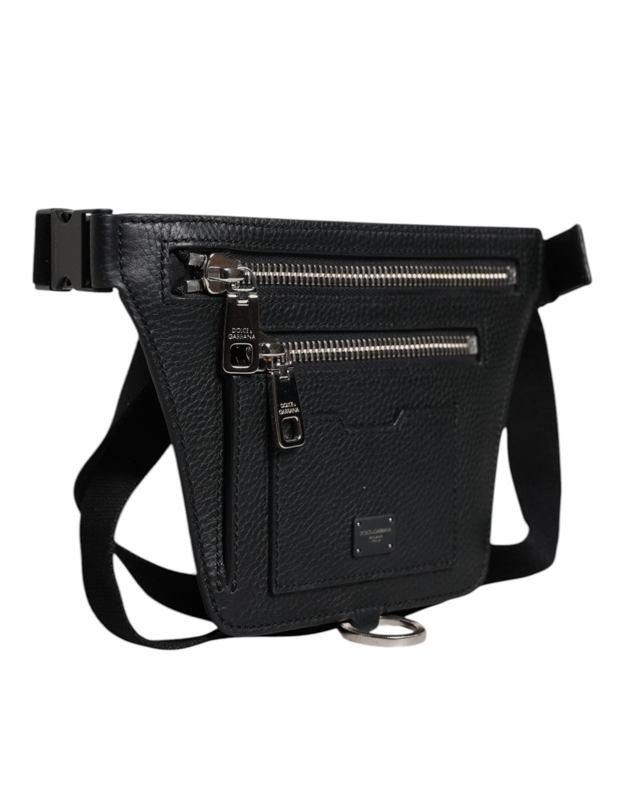 Dolce &amp; Gabbana Gürteltasche aus schwarzem Kalbsleder mit Logo-Plakette