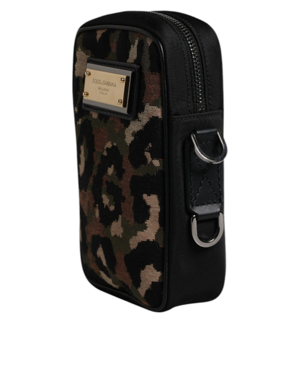 Dolce &amp; Gabbana – Mehrfarbige Umhängetasche aus Jacquard mit Leopardenmuster und Logo-Schild