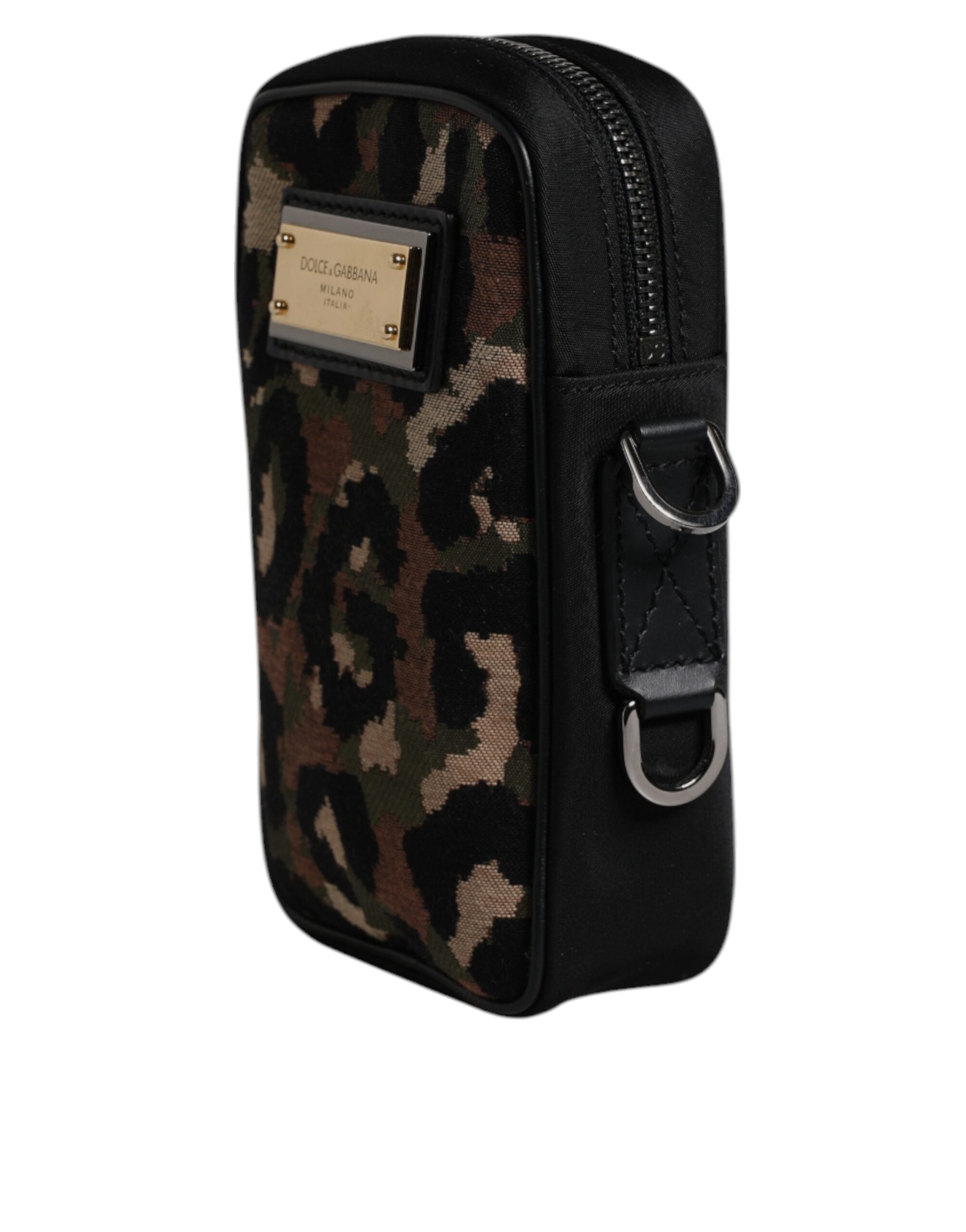 Dolce &amp; Gabbana – Mehrfarbige Umhängetasche aus Jacquard mit Leopardenmuster und Logo-Schild