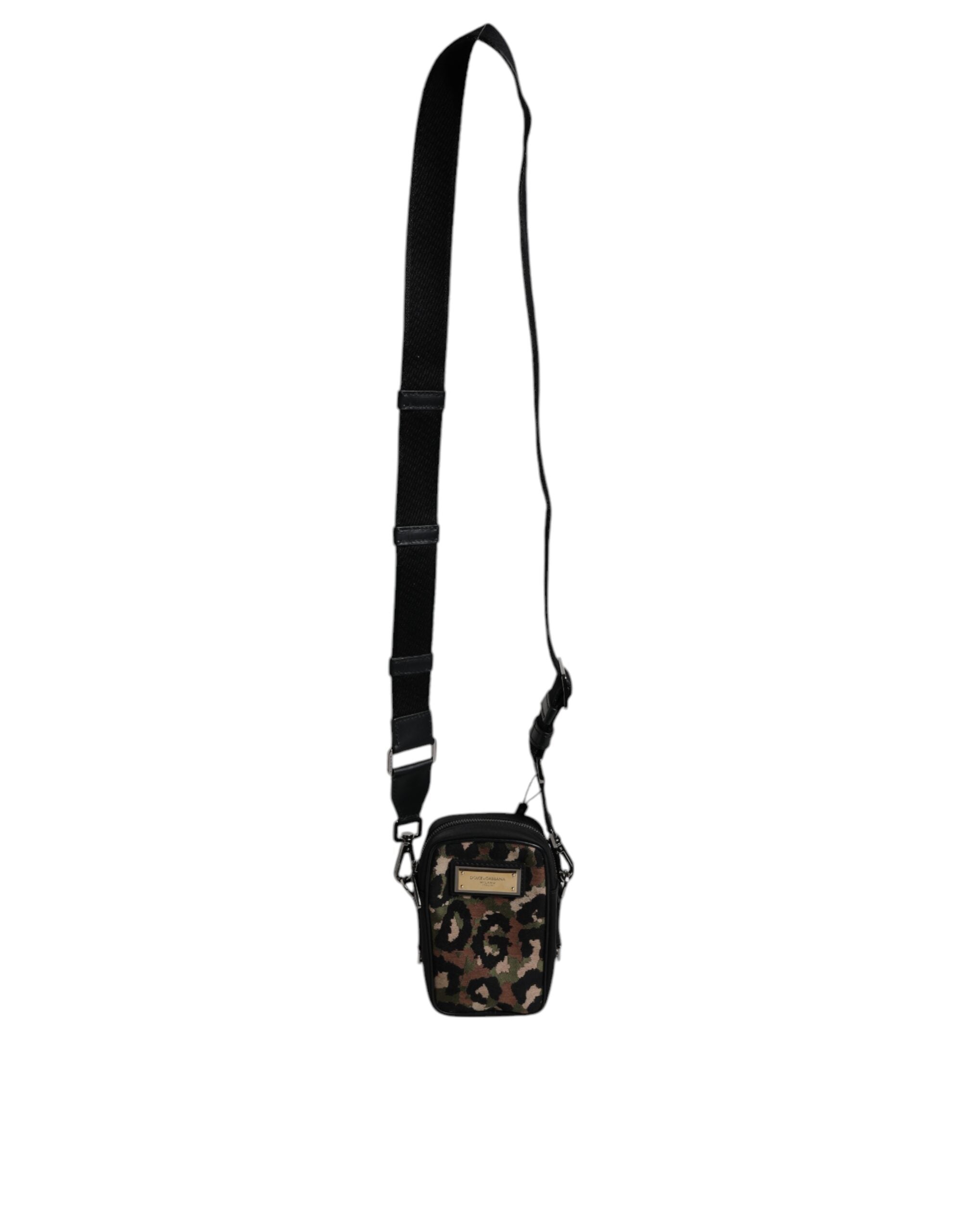 Dolce &amp; Gabbana – Mehrfarbige Umhängetasche aus Jacquard mit Leopardenmuster und Logo-Schild