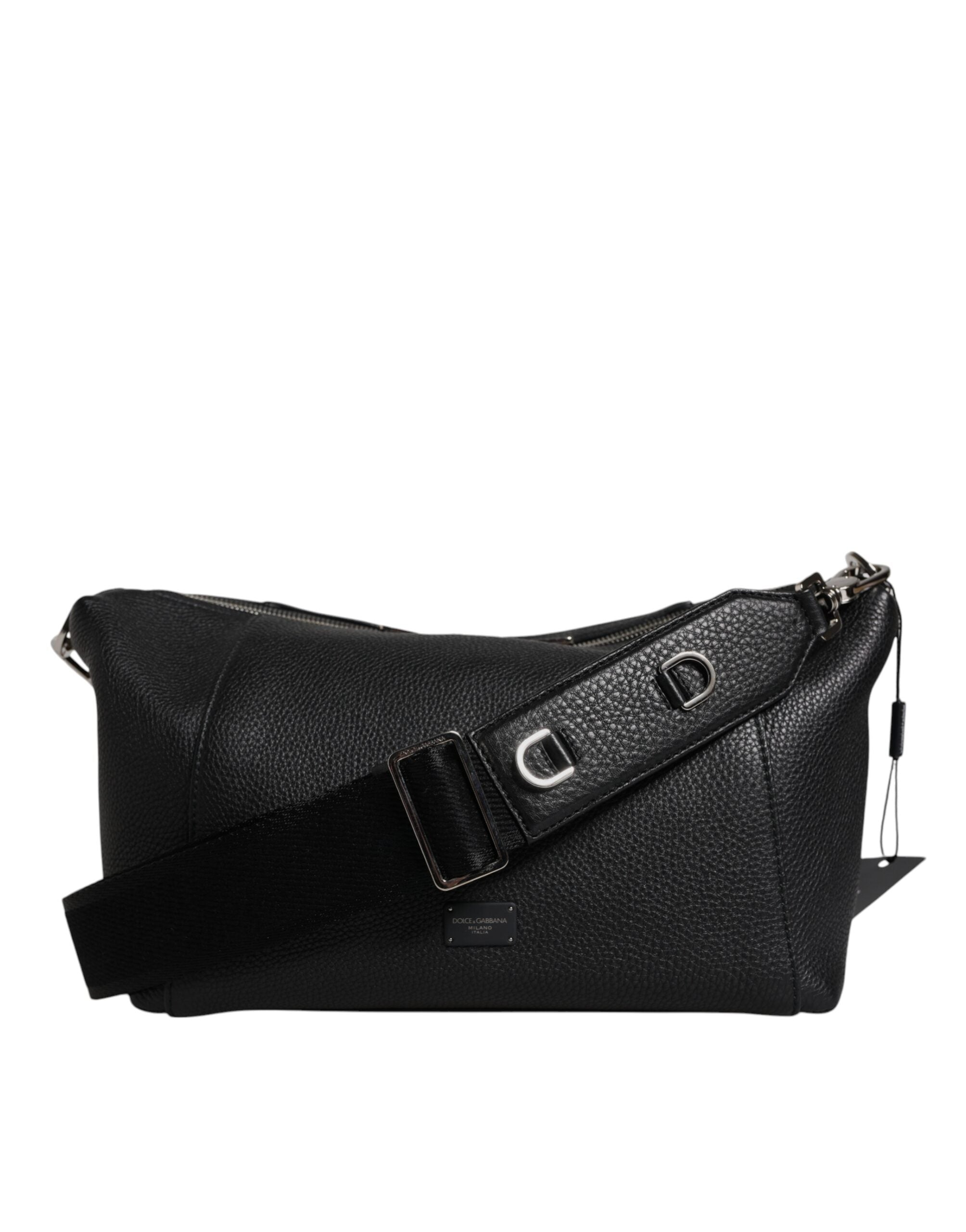 Dolce &amp; Gabbana – Schulter-Umhängetasche aus schwarzem Leder mit Logo-Schild