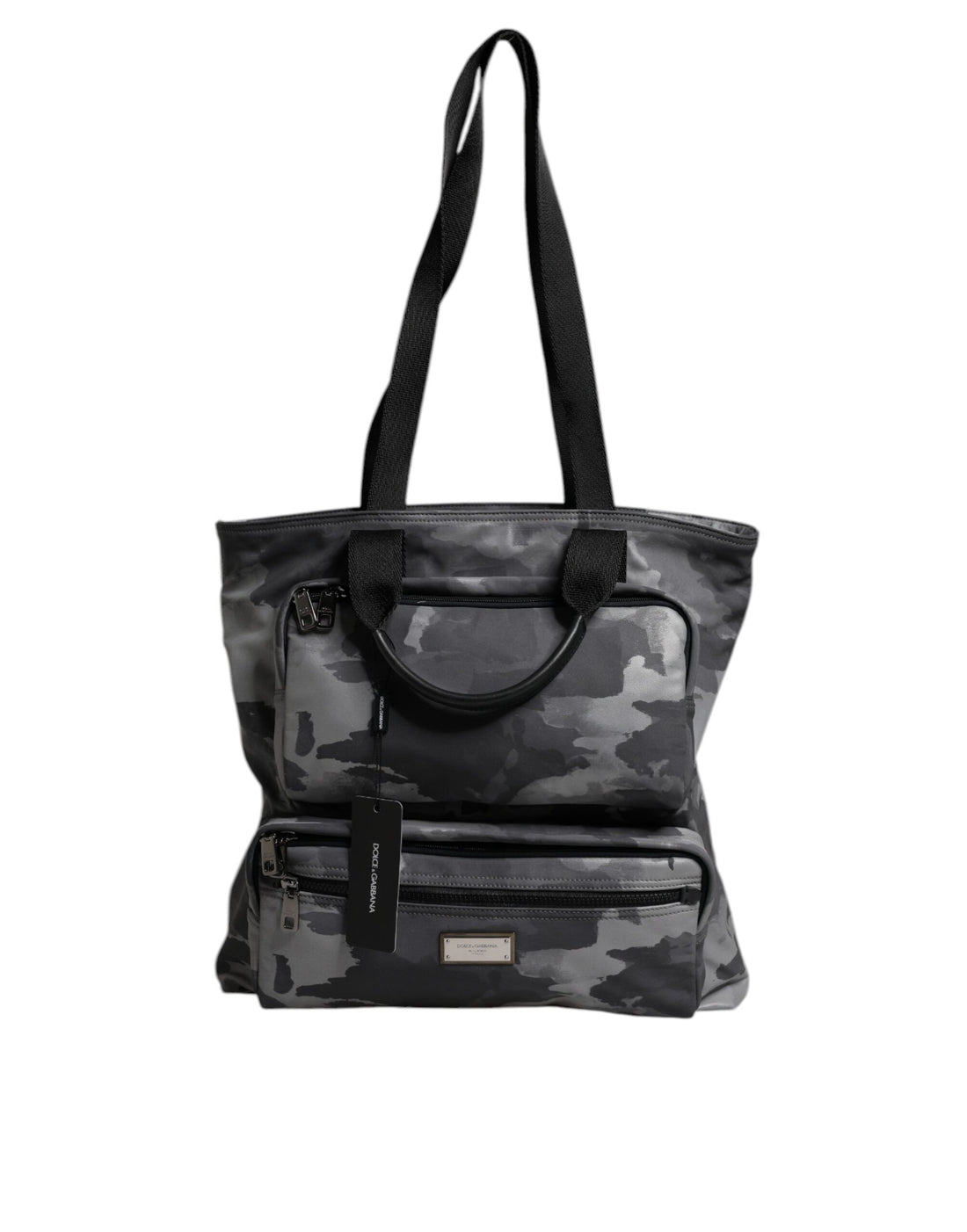 Dolce &amp; Gabbana – Tragetasche aus Baumwolle mit mehreren Fächern in Grau mit Camouflage-Muster
