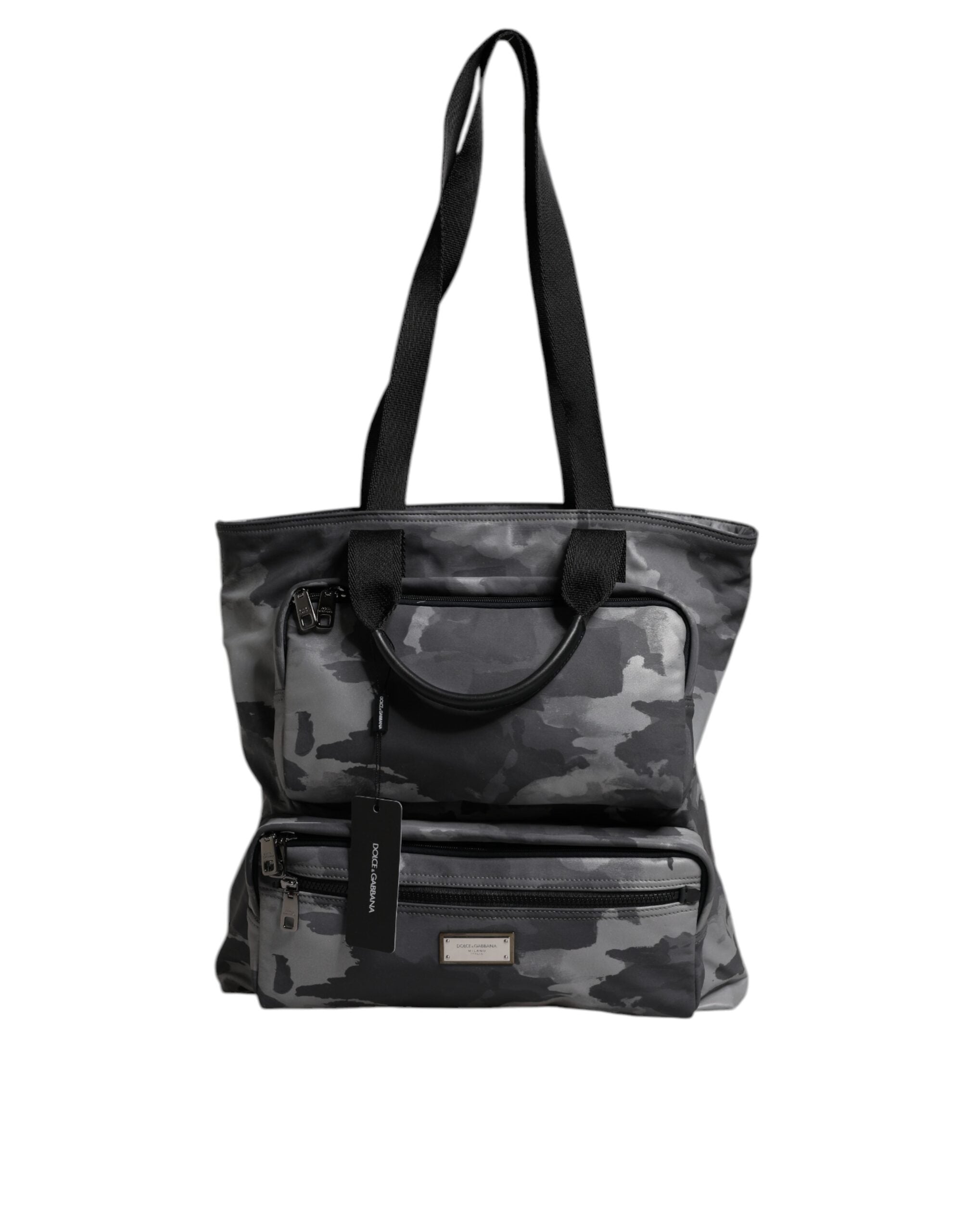 Dolce &amp; Gabbana – Tragetasche aus Baumwolle mit mehreren Fächern in Grau mit Camouflage-Muster