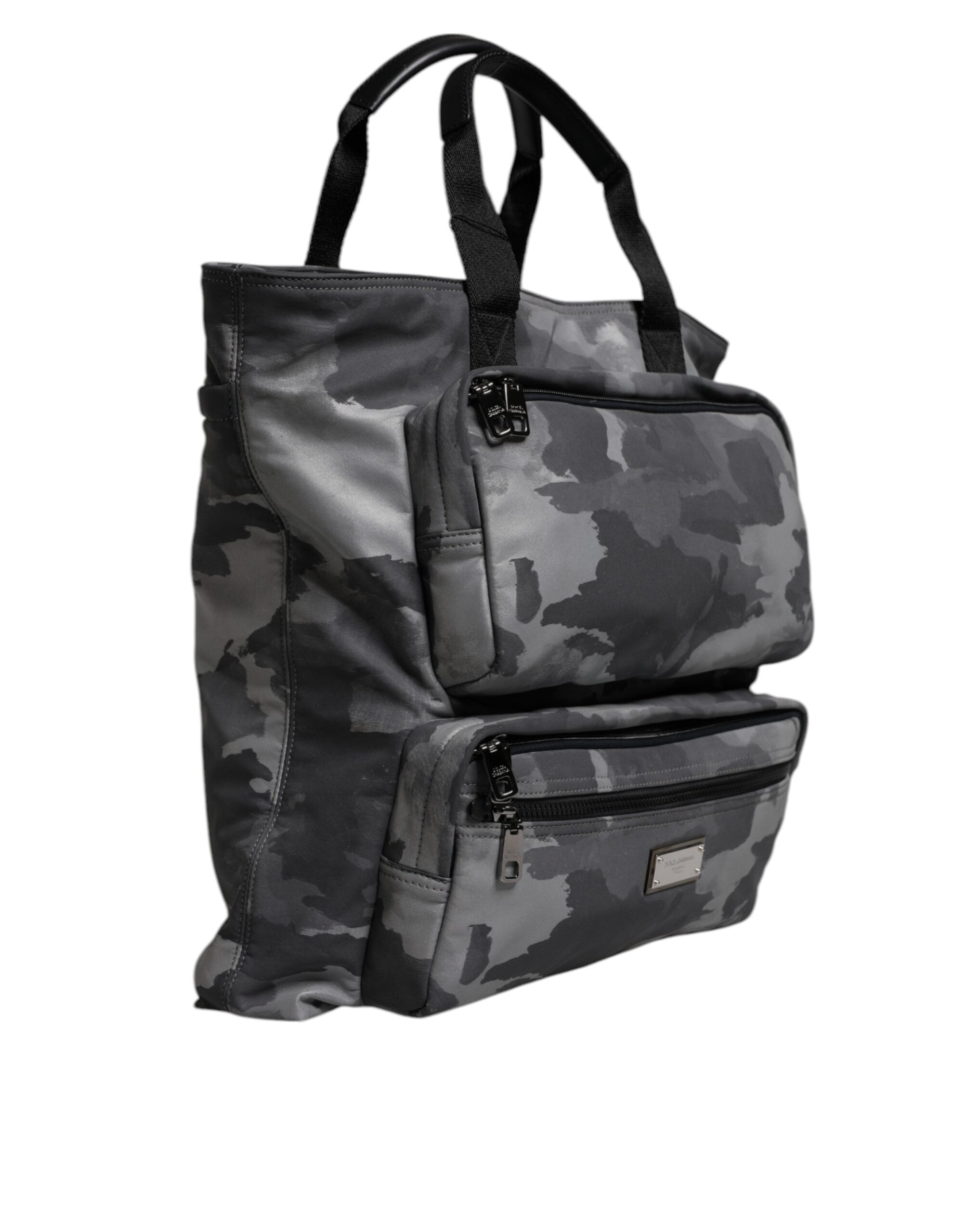 Dolce &amp; Gabbana – Tragetasche aus Baumwolle mit mehreren Fächern in Grau mit Camouflage-Muster