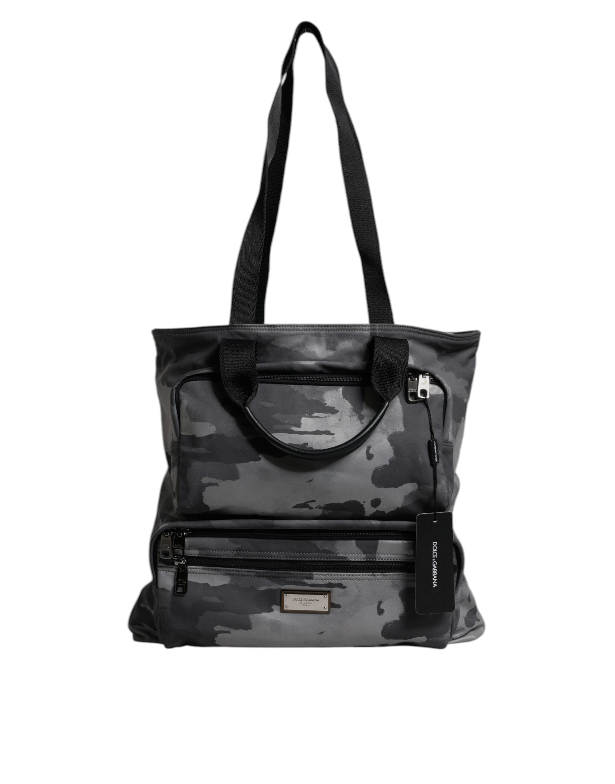 Dolce &amp; Gabbana – Tragetasche aus Baumwolle mit mehreren Fächern in Grau mit Camouflage-Muster