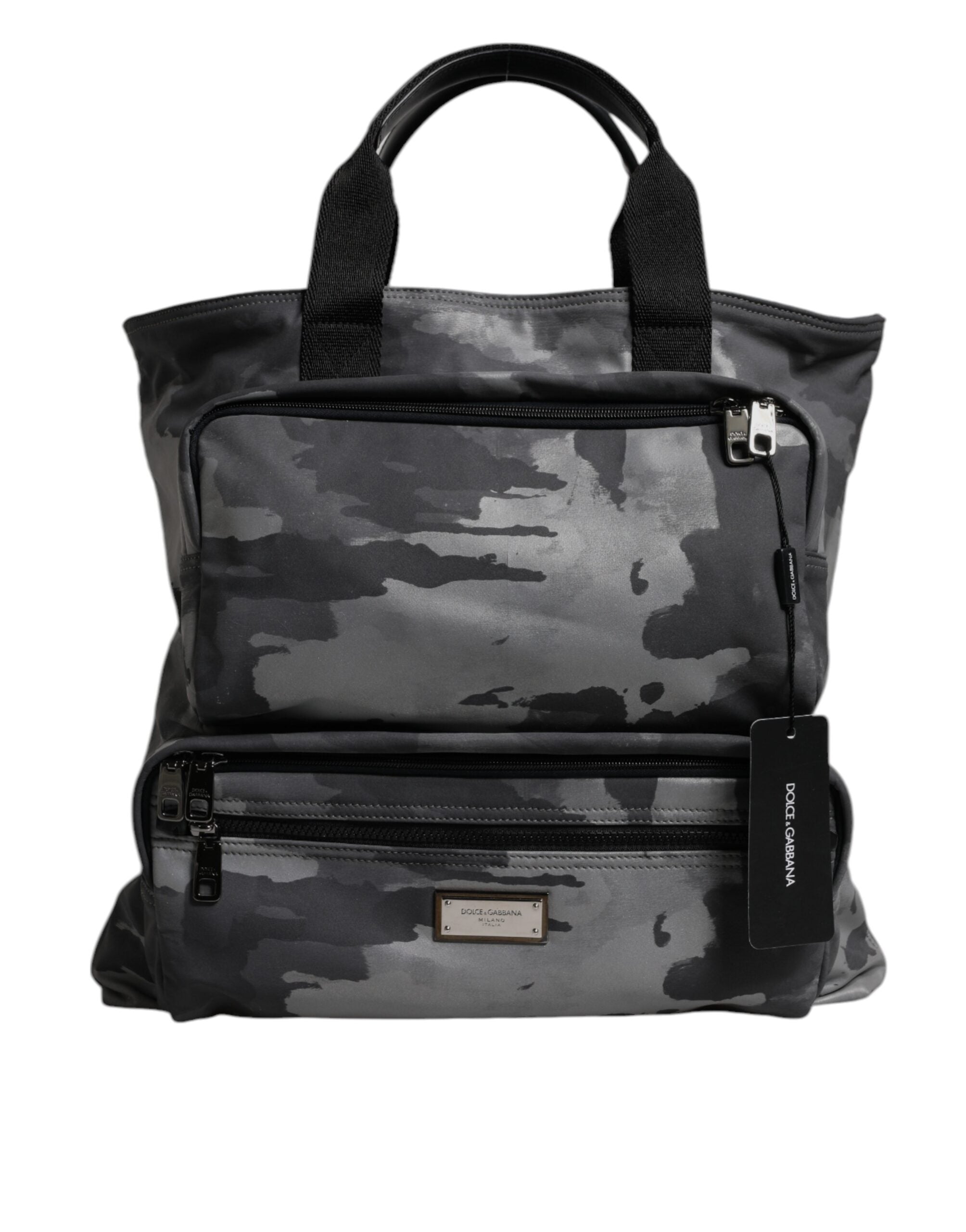 Dolce &amp; Gabbana – Tragetasche aus Baumwolle mit mehreren Fächern in Grau mit Camouflage-Muster