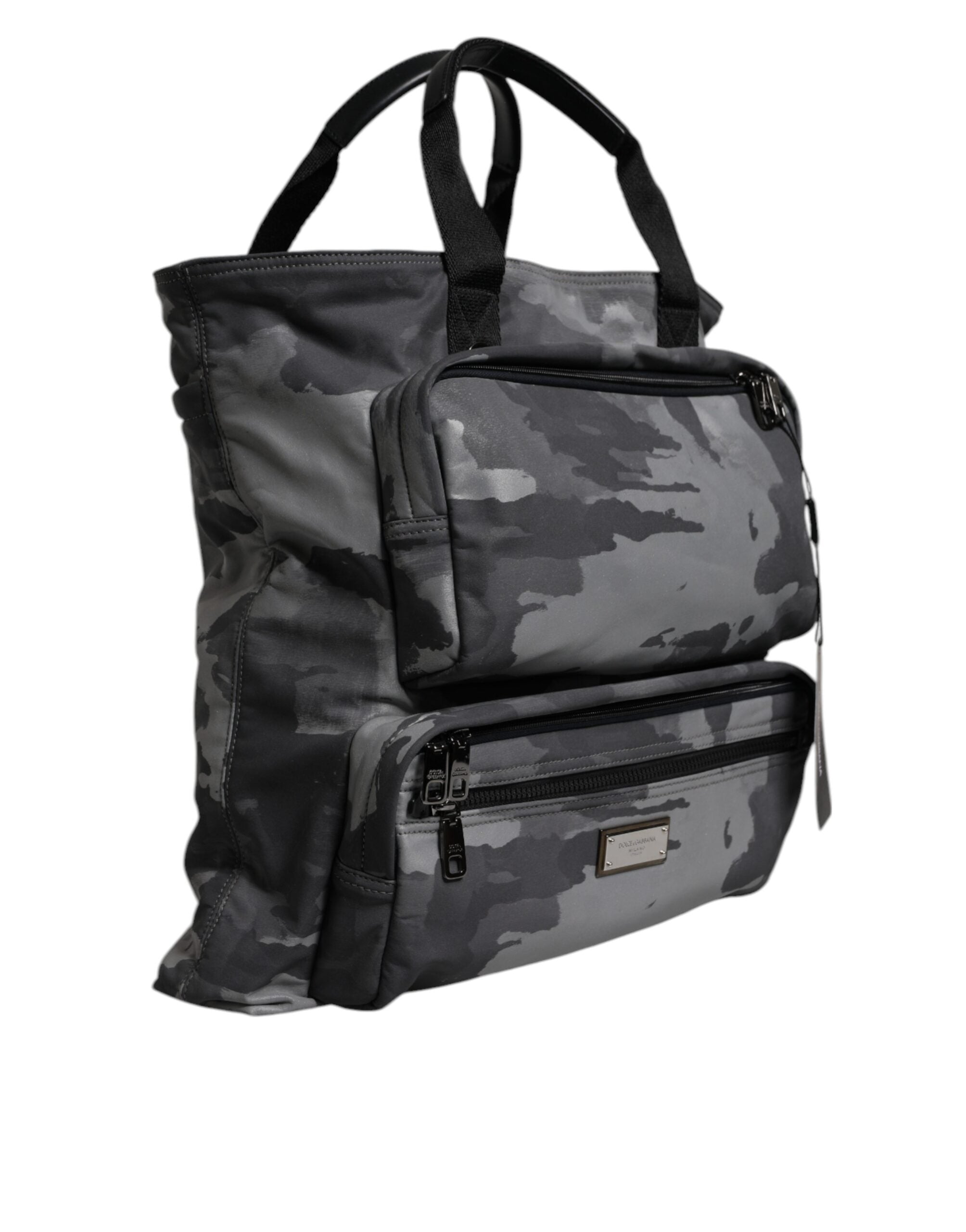 Dolce &amp; Gabbana – Tragetasche aus Baumwolle mit mehreren Fächern in Grau mit Camouflage-Muster