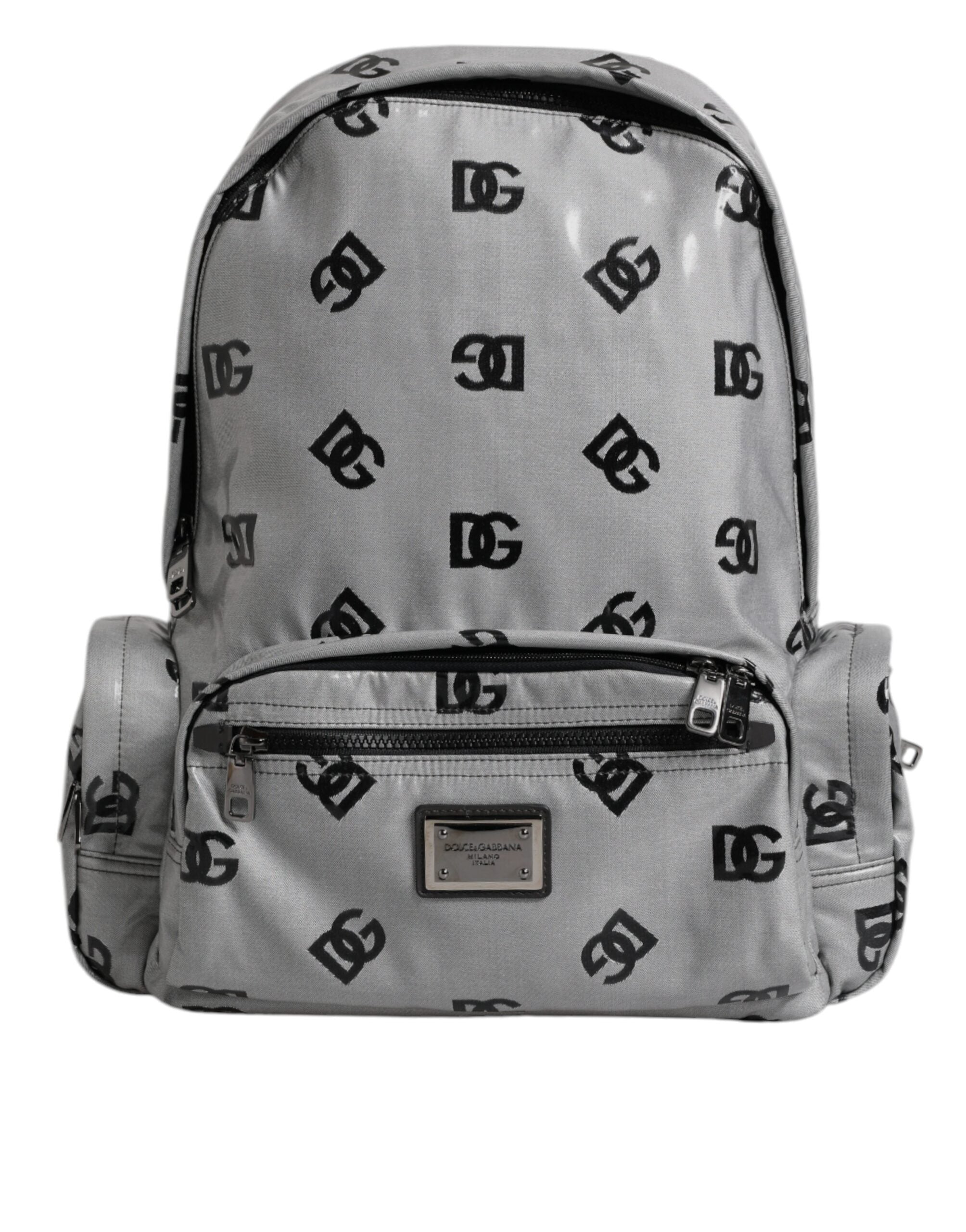 Dolce &amp; Gabbana Polyester Grau Schwarz DG Logo Plakette Rucksack Tasche