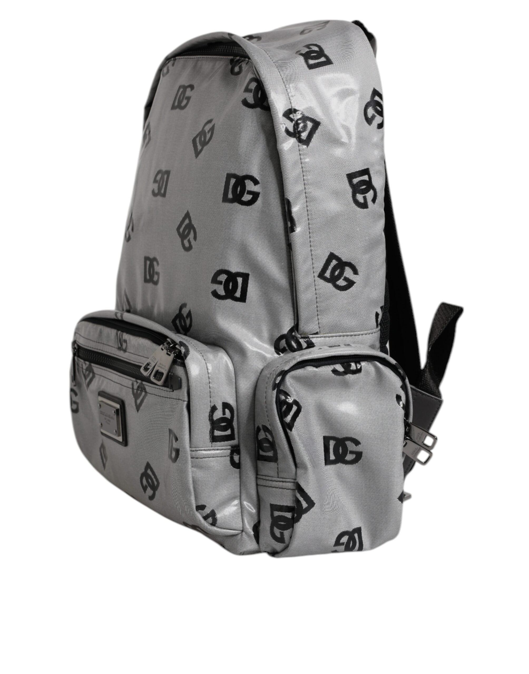 Dolce &amp; Gabbana Polyester Grau Schwarz DG Logo Plakette Rucksack Tasche