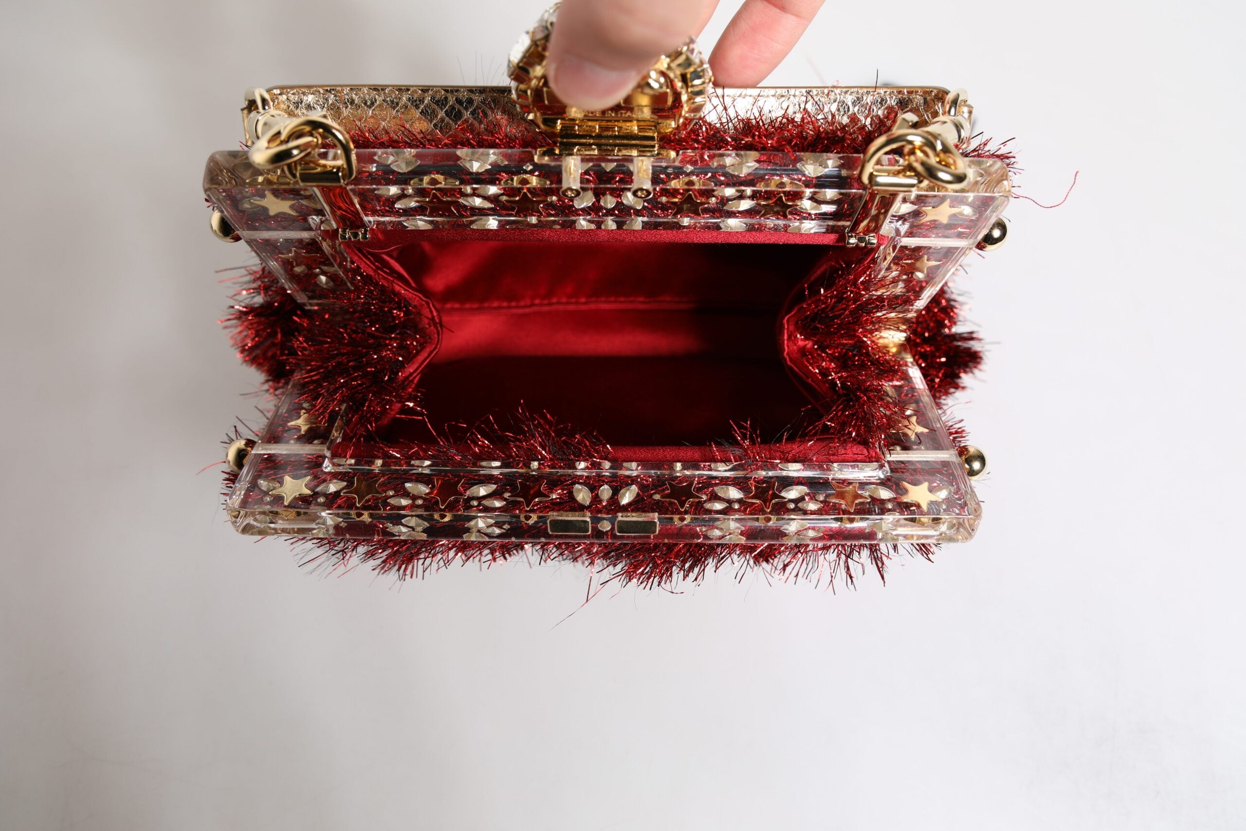 Dolce &amp; Gabbana – VANDA – Abend-Clutch mit rotgoldener Kette und Lametta-Kristallen