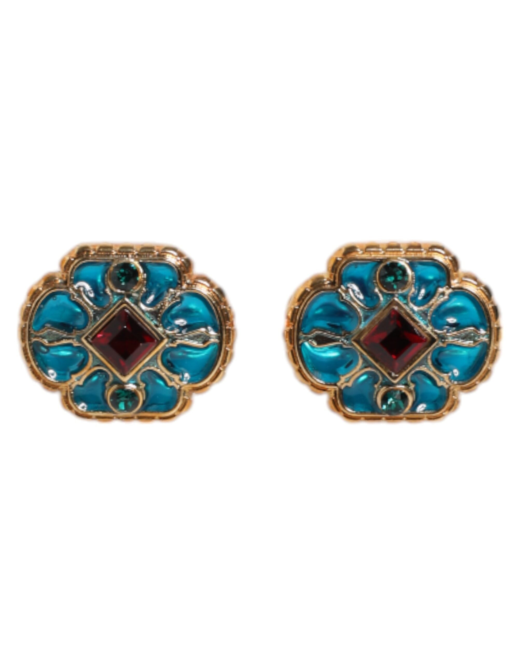 Dolce &amp; Gabbana Manschettenknopf aus goldfarbenem Messing mit blau emaillierter Blume